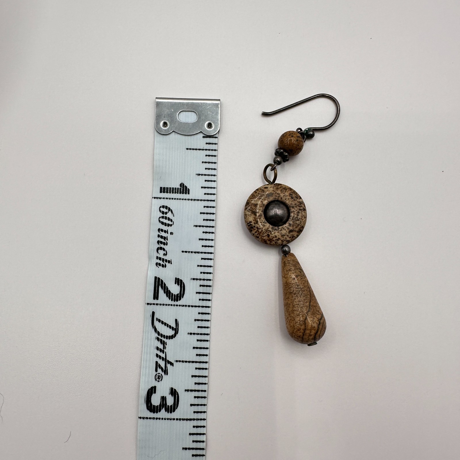 Vintage 90s Natural Jasper Stone Dangle Earrings Brown Boho Earthy Drop Jewelry