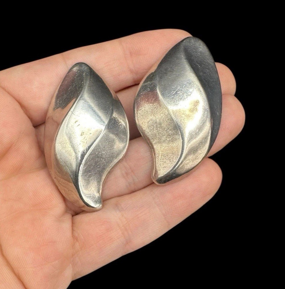 Vtg Taxco Sterling Silver Modernist Puffy Abstract Clip Earrings 18.6g TS-01 Mex