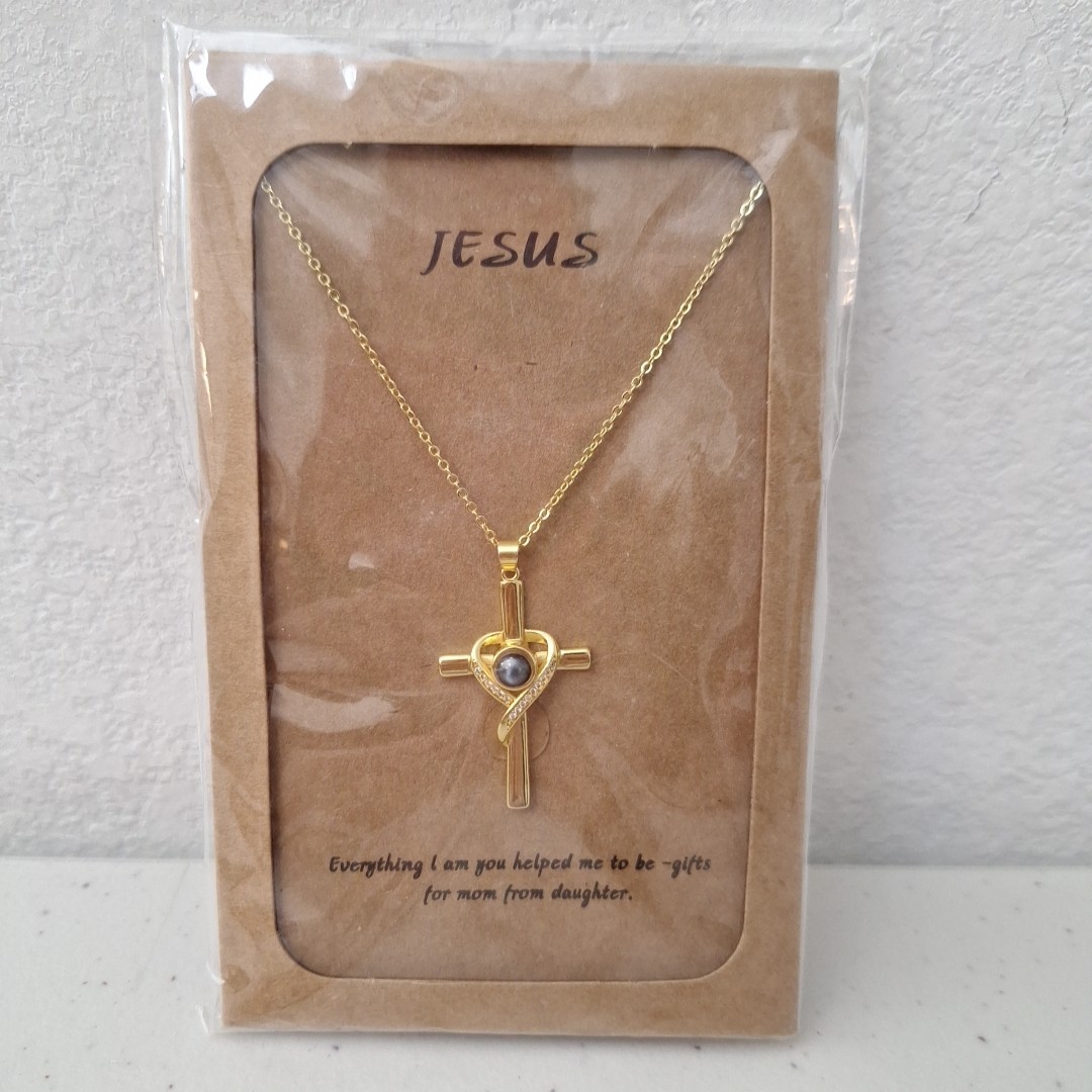Jesus Gold Tone Cross Pendant Necklace + Bracelet Jewelry Mother Daughter Gift
