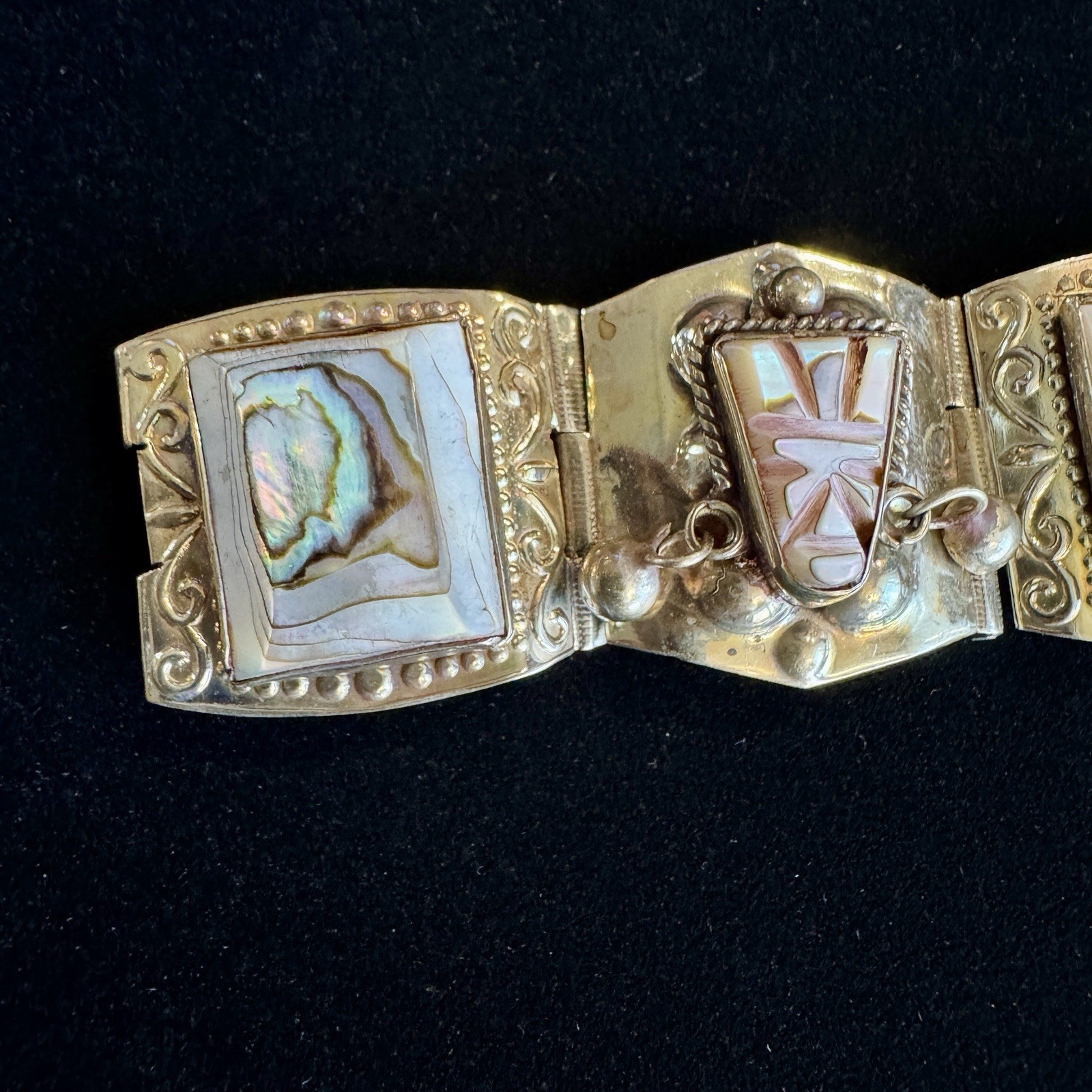 Vintage Mexico JZ Alpaca Silver Abalone Panel Bracelet Tribal Boho 7.25”