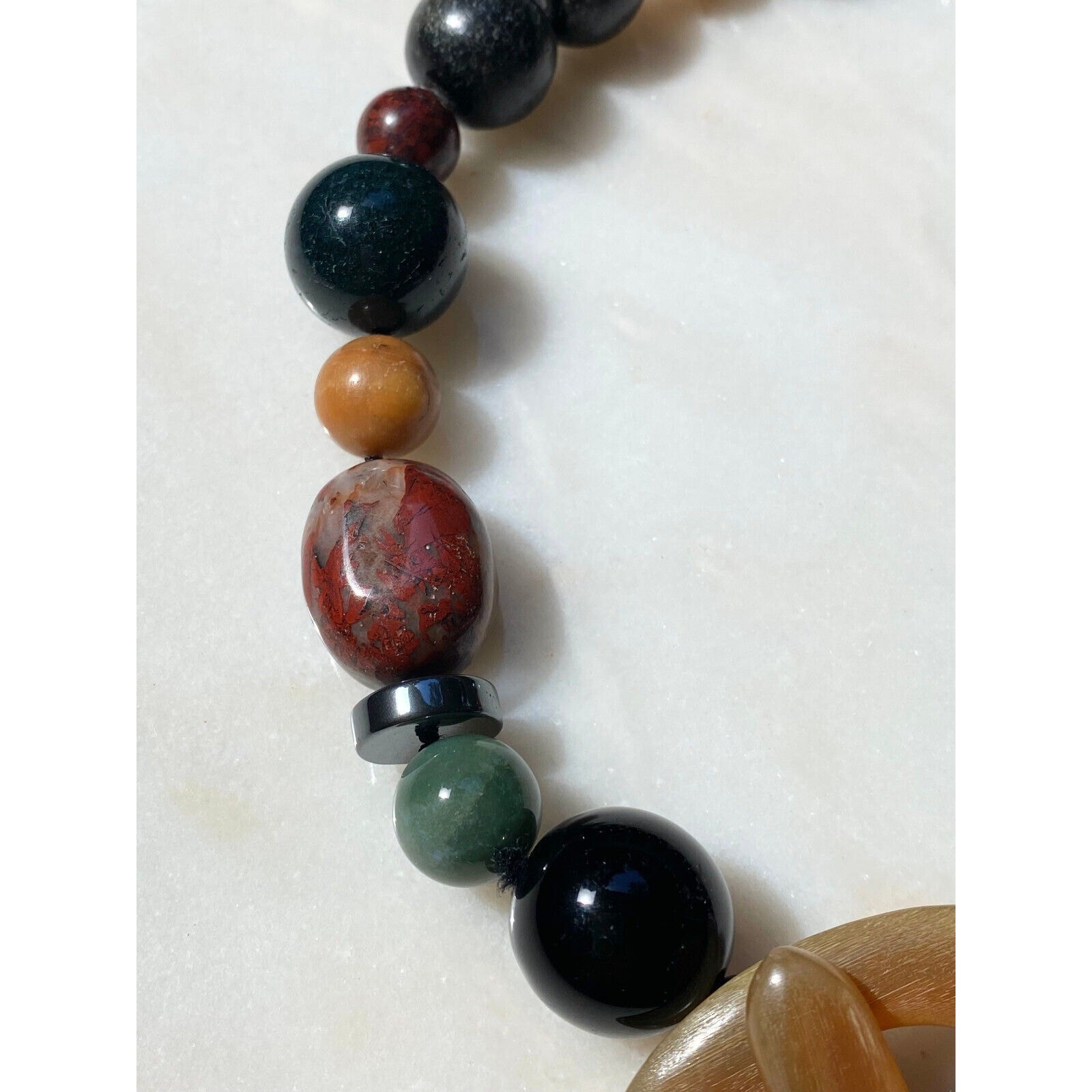 LARGE VINTAGE MIXED GEMSTONE MULTICOLOR BEAD ARTIST MADE NECKLACE HORN CLASP 19″