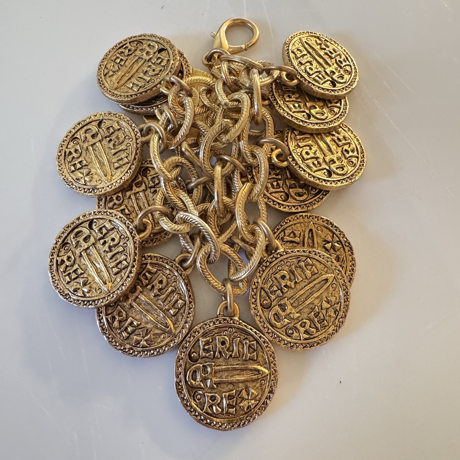 Vintage Stewart Lucas Coin Charm Bracelet, 80s 90s, Etruscan, Byzantine, Signed!