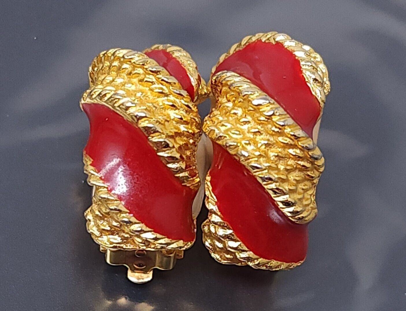 Vintage Gay Boyer Red Enamel Gold tone Hoop Clip Earrings