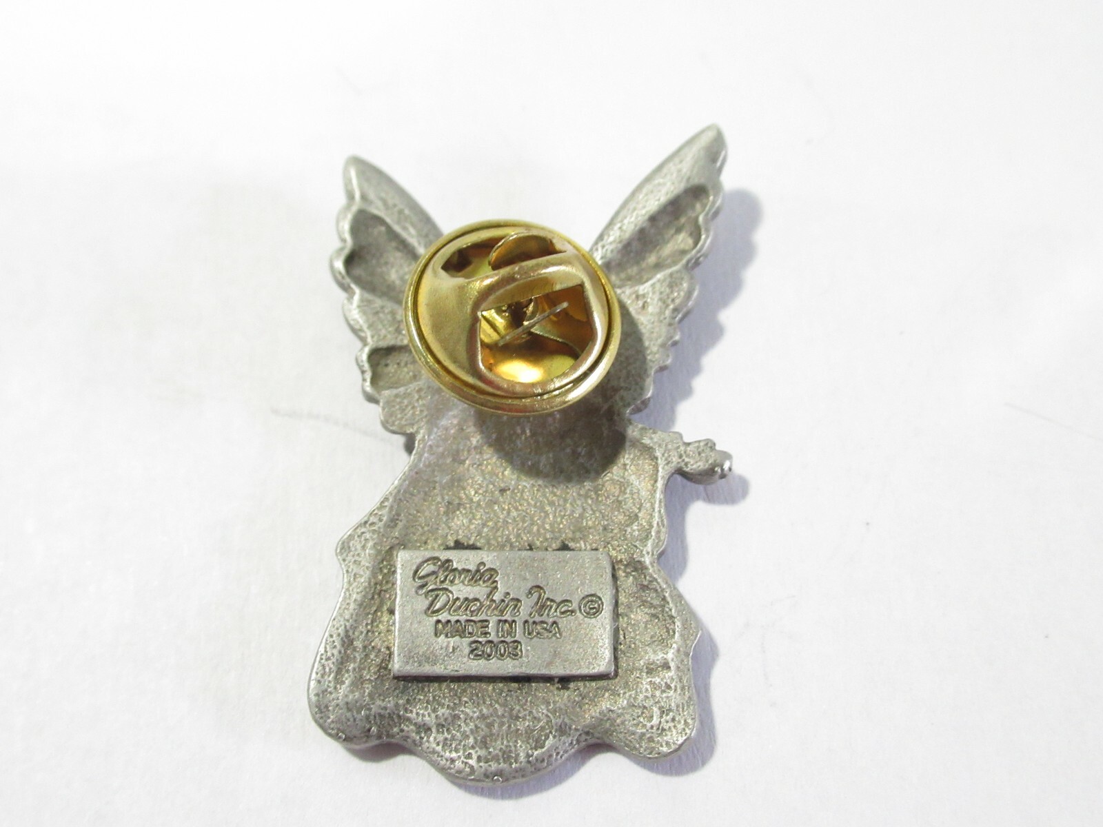 DUCHIN CHRISTMAS LAPEL PIN GUARDIAN ANGEL GLITTERY PEWTER SIGNED 2003