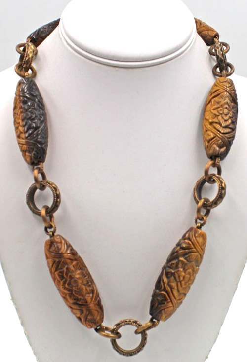 Stephen Dweck Bronze & Carved Floral Tiger’s Eye Station Pendant Necklace 23.25″