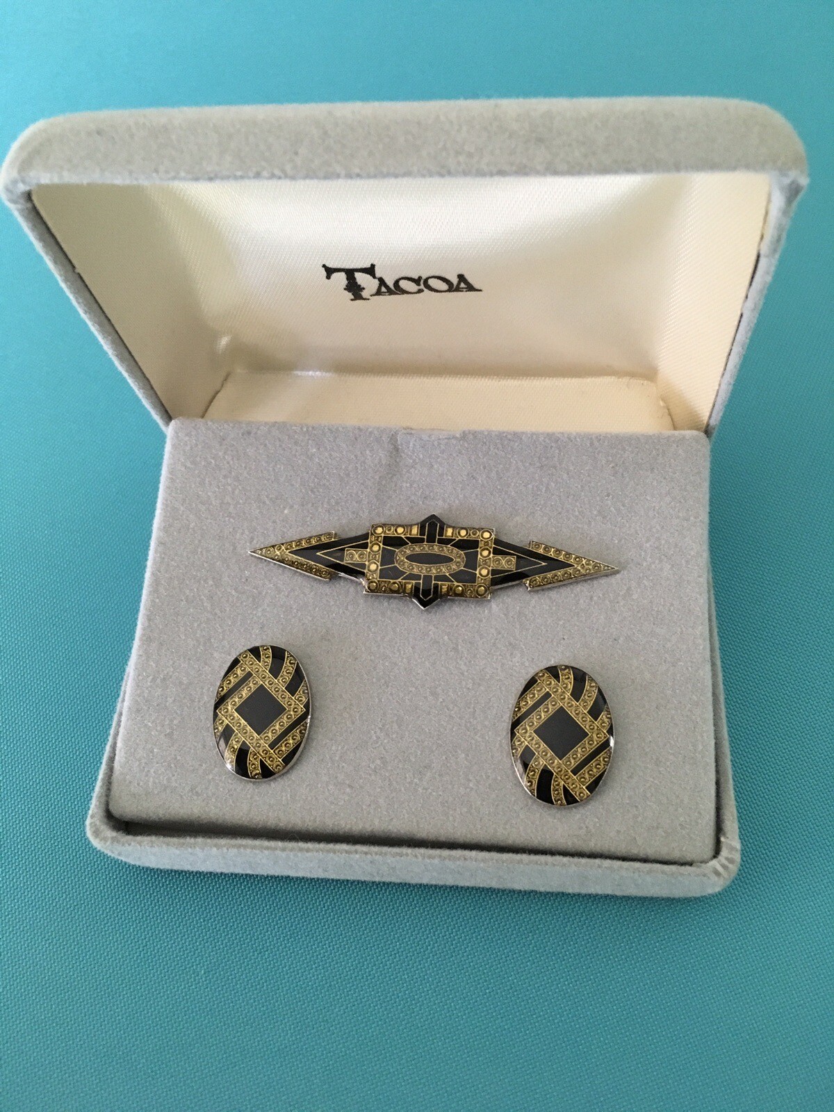1980s TACOA Black and Gold Enamel Pin and Pierced Stud Earrings Set. NEW in Box!