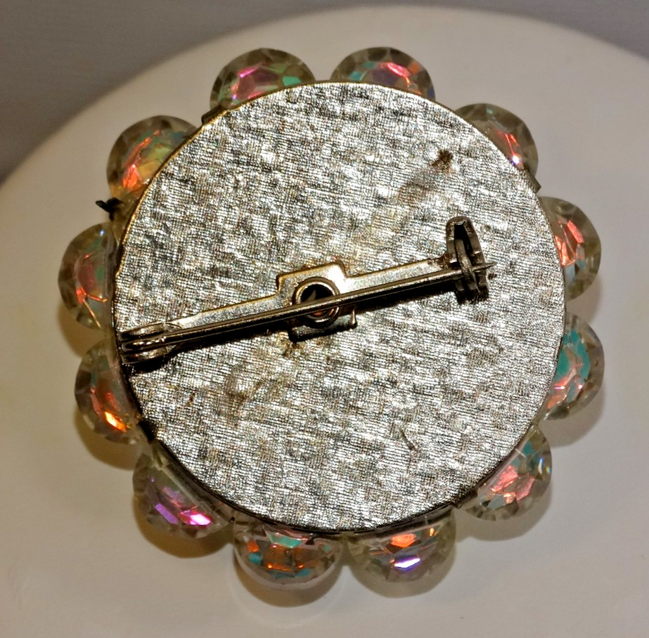 A16 VINTAGE AB GLASS BEAD & RHINESTONE BROOCH CLEAR STONES SILVER METAL UNSIGNED