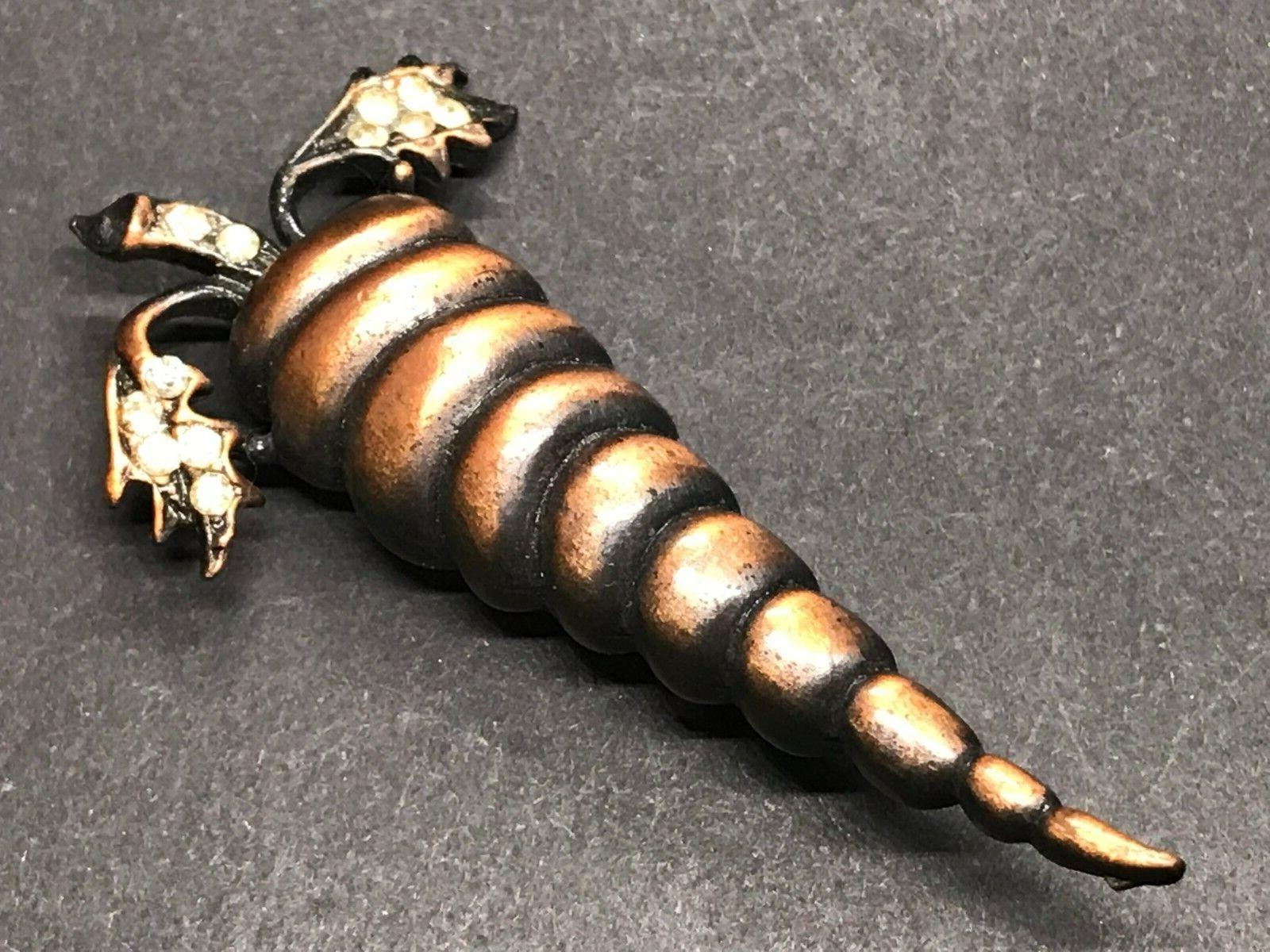 Vintage Copper Carrot Brooch Rhinestone Lg. Sculptural Garden Easter Bunny Food