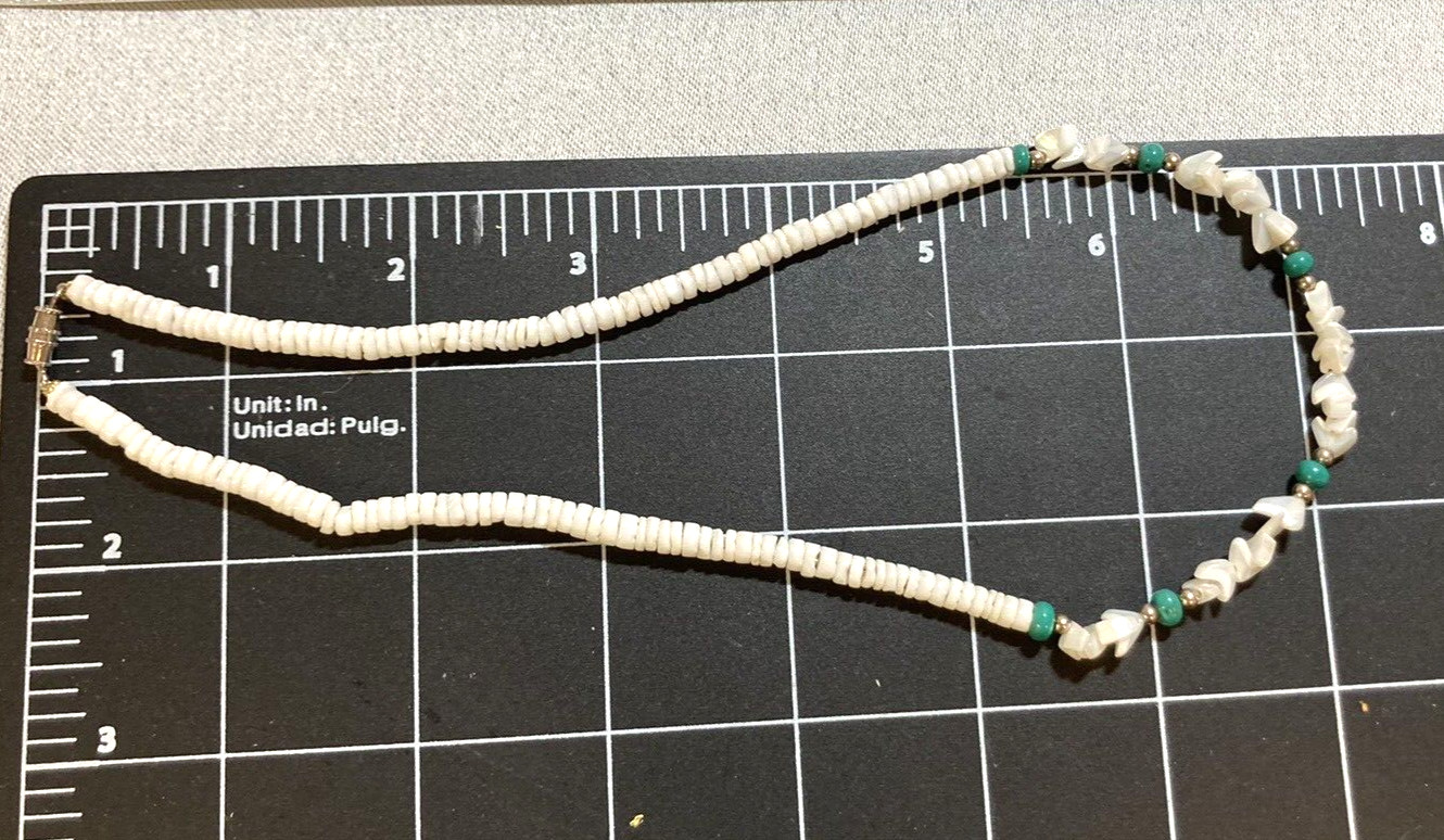 Shell & green stone Necklace Silver Toned Barrel Clasp 16” Unisex Choker