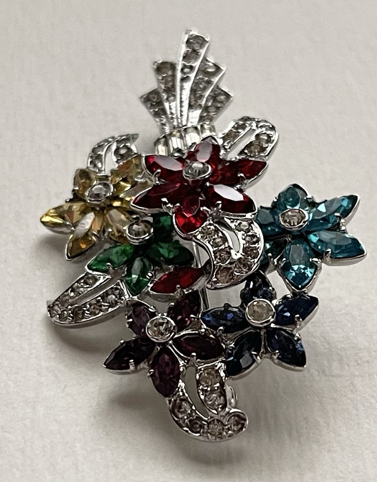 Vintage OTIS Sterling Silver Multicolor Rhinestone Floral Bouquet Pin Brooch
