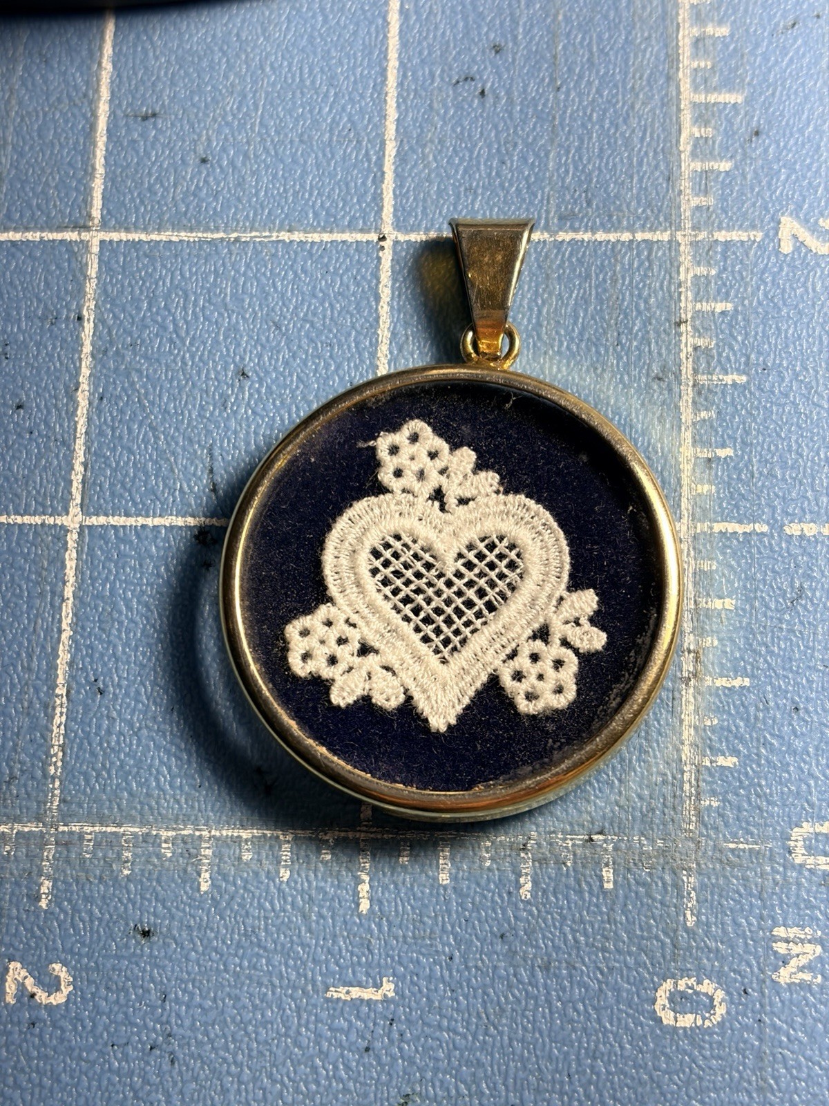 Vintage Pendant Gold Tone Frame Crotchet Lace Heart And Flowers 1.5” X 1.75”