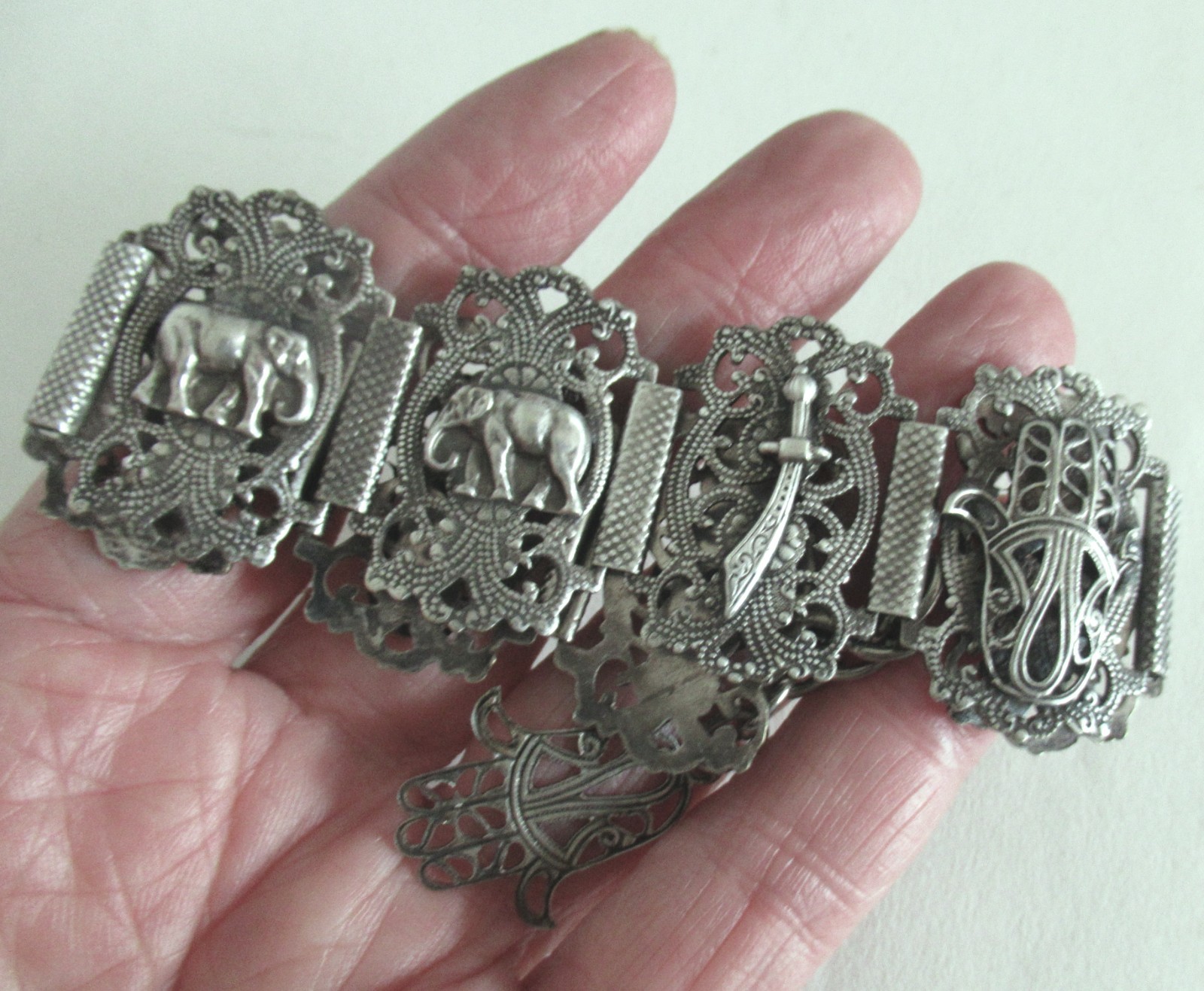 VINTAGE or ANTIQUE TURKEY STERLING BRACELET, 6 1/2 to 7 1/2″ WRIST , 1.25 INCH W