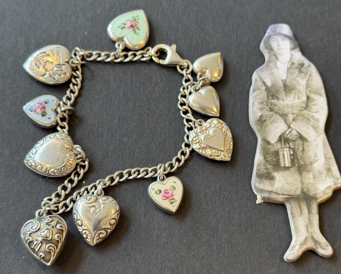 Antique Victorian Sterling Charm Bracelet W/ Puffy Hearts Cloisonné