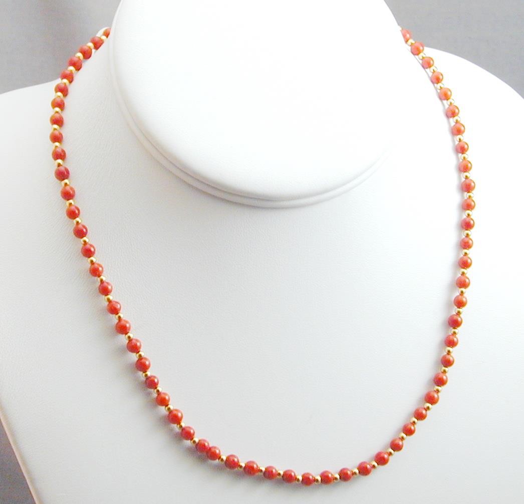 ESTATE Italian Red Coral & 18k Gold Bead Necklace 16 5/8″