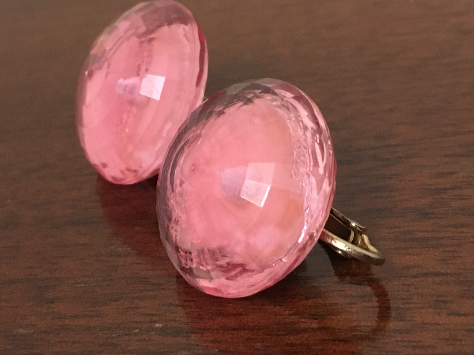 Vintage Dalshelm Earrings Pink Acrylic Plastic Faceted Gem Gold Tone Clip Ons
