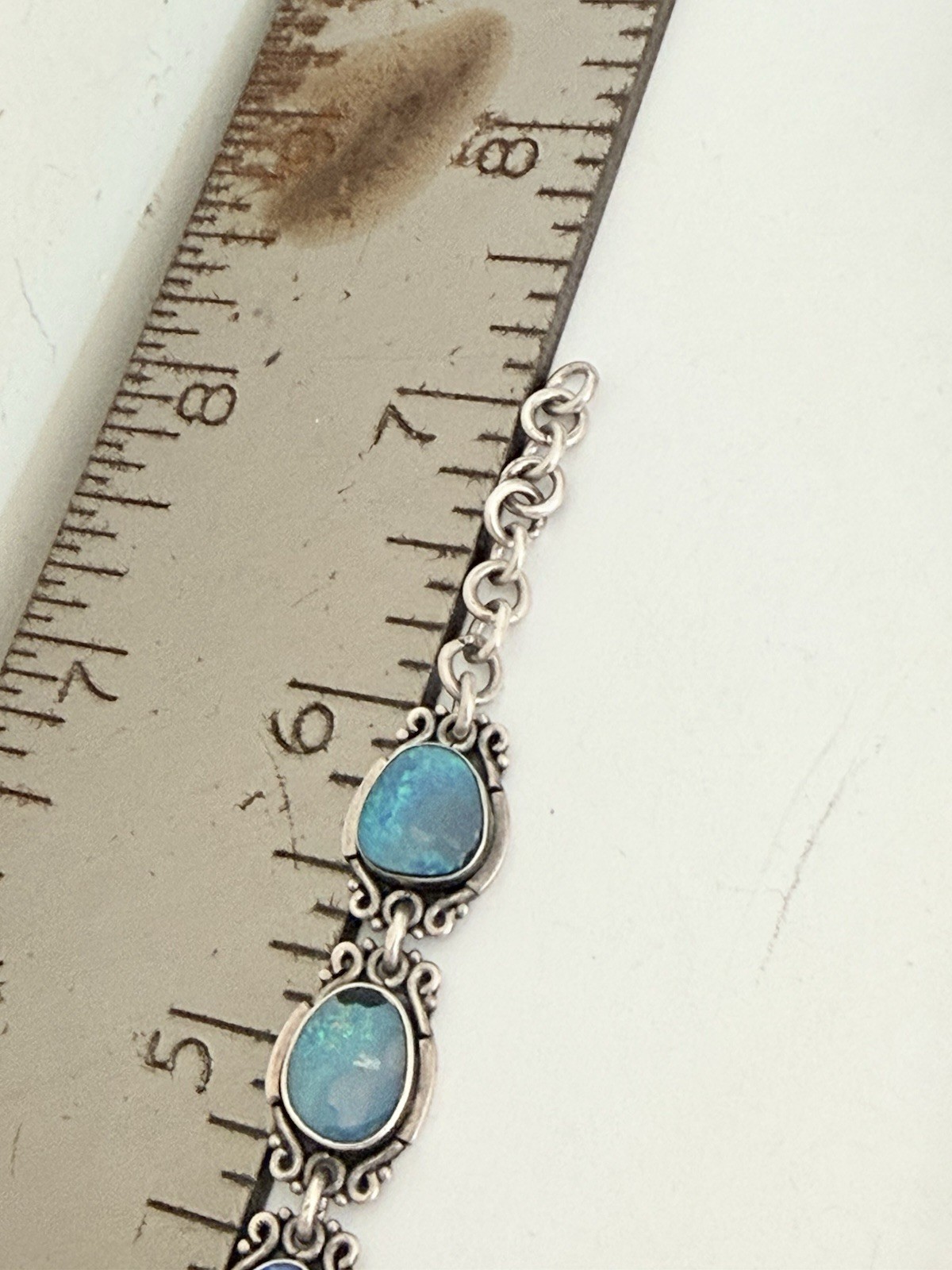 Vintage Sterling Silver Blue Australian Opal Link Bracelet 7”