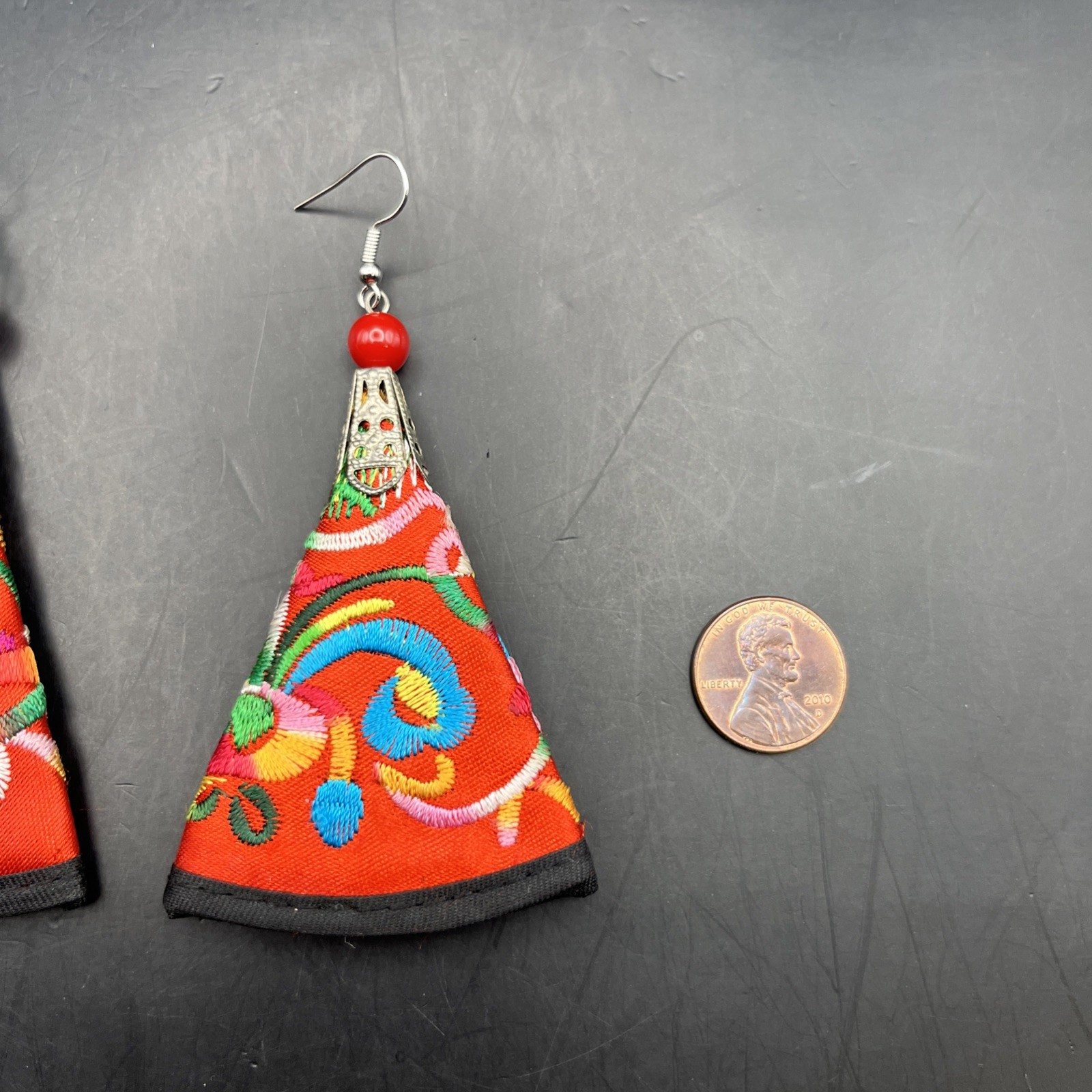 Colorful Embroidered Earrings Drop Dangle Hook Red Vibrant Bright Bold Boho