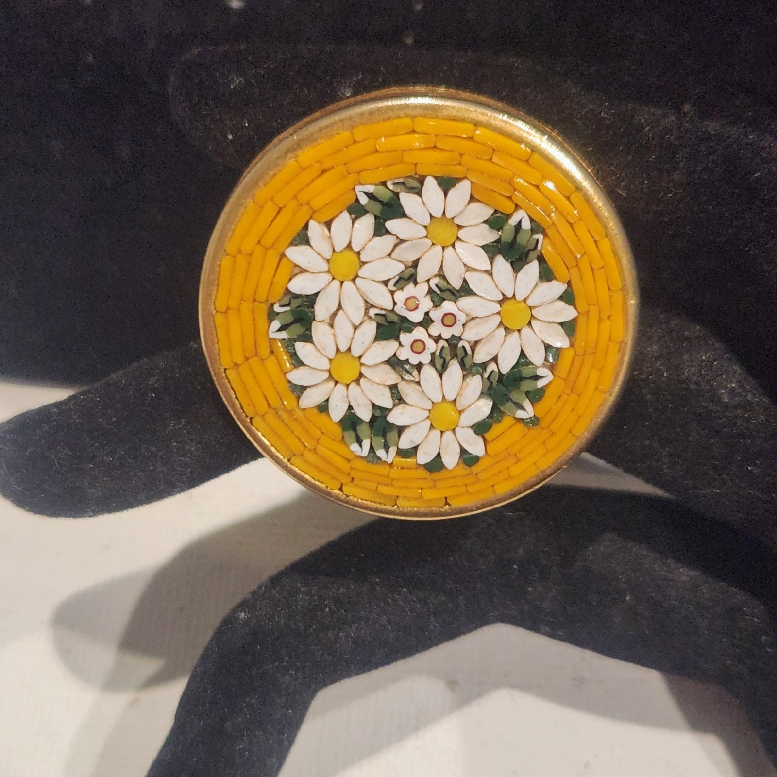 Vintage Italian Micro Mosaic Floral Brooch Yellow Daisy Pin Made in Italy Round