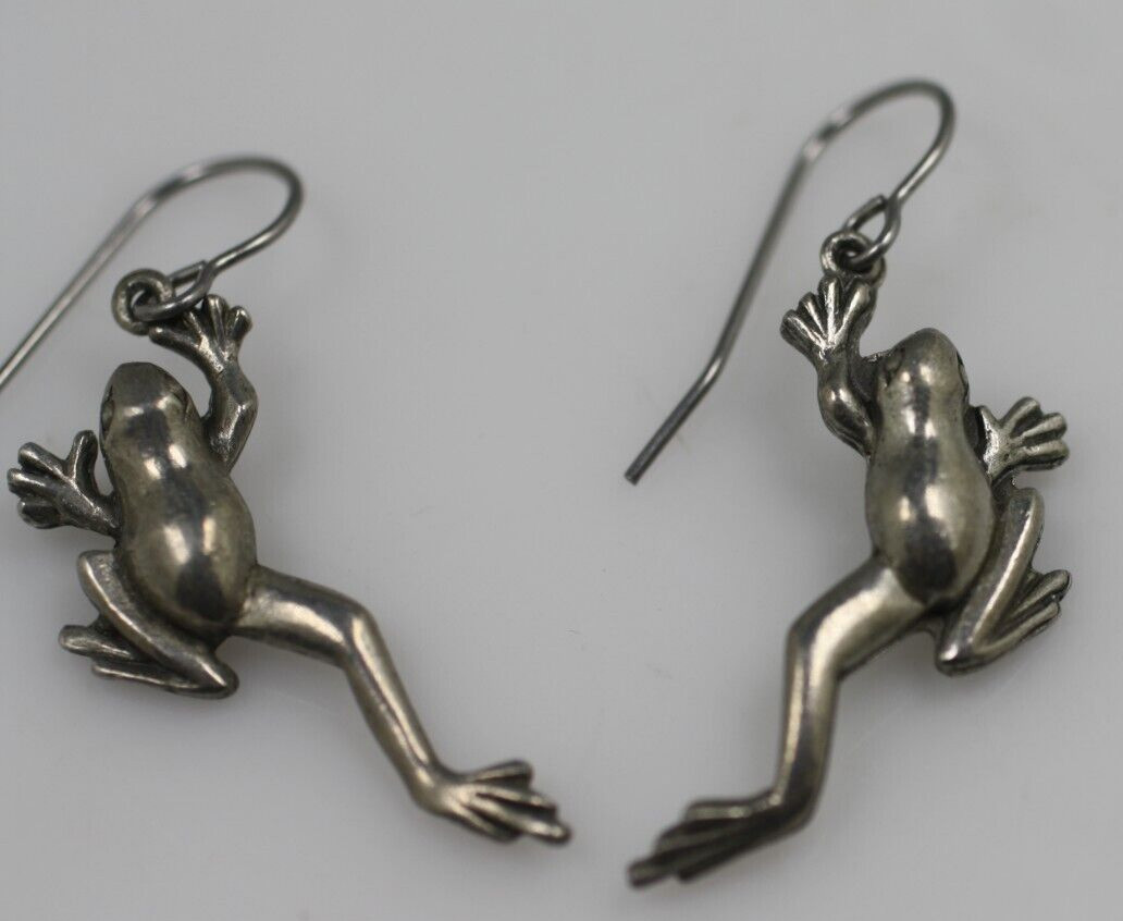 Jim Clift Pewter french Hook jumping tree frog drop dangle Pierced Earrings