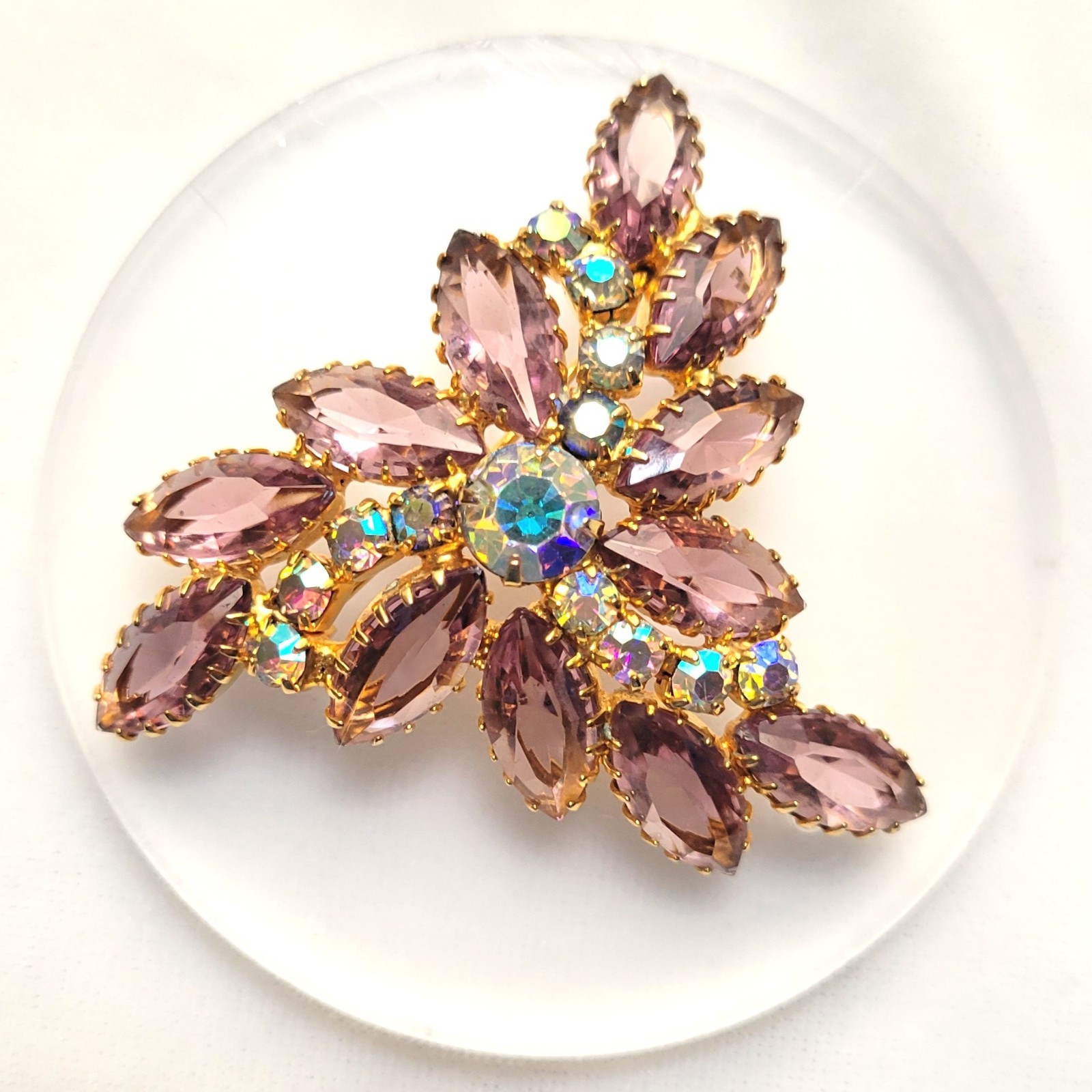 Vintage Lavender Navette Rhinestone Floral Spray Brooch AB Gold Tone 1960s