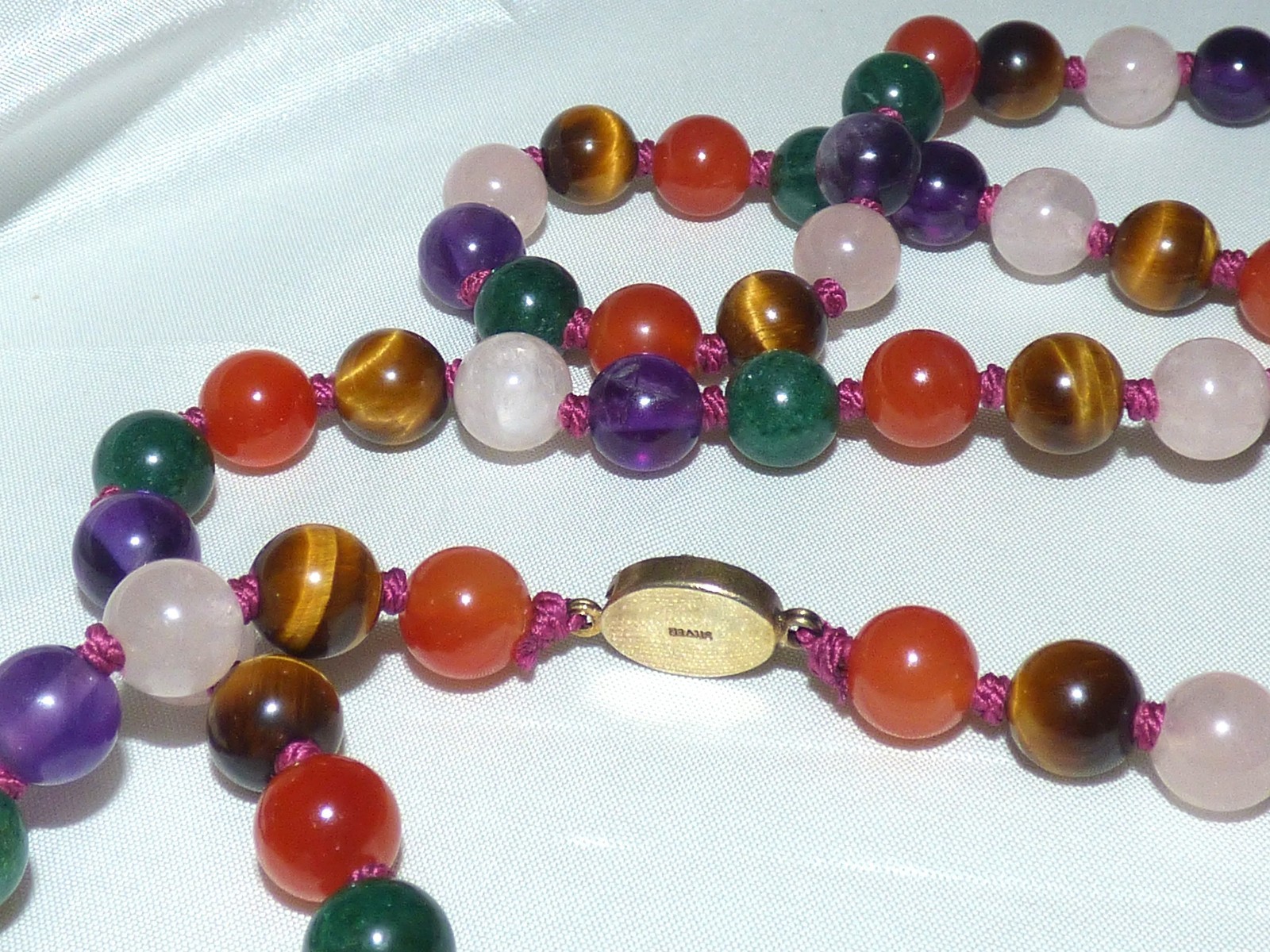 1960s Multi Colour Gemstone Hand knotted Gold Vermeil Silver Clasp Necklace
