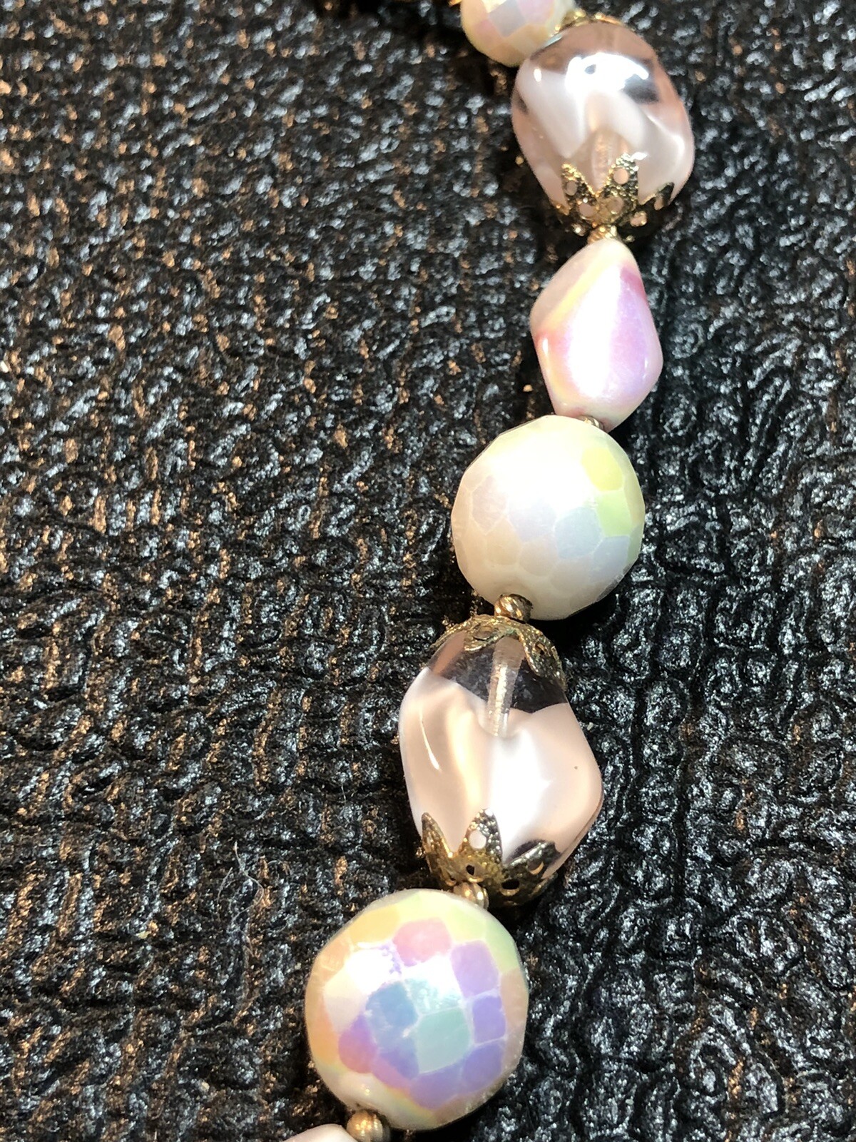 VTG Costume Jewelry Signed TRIFARI Charm,MOP Pinks,Purples,Greens Necklace 17.5”