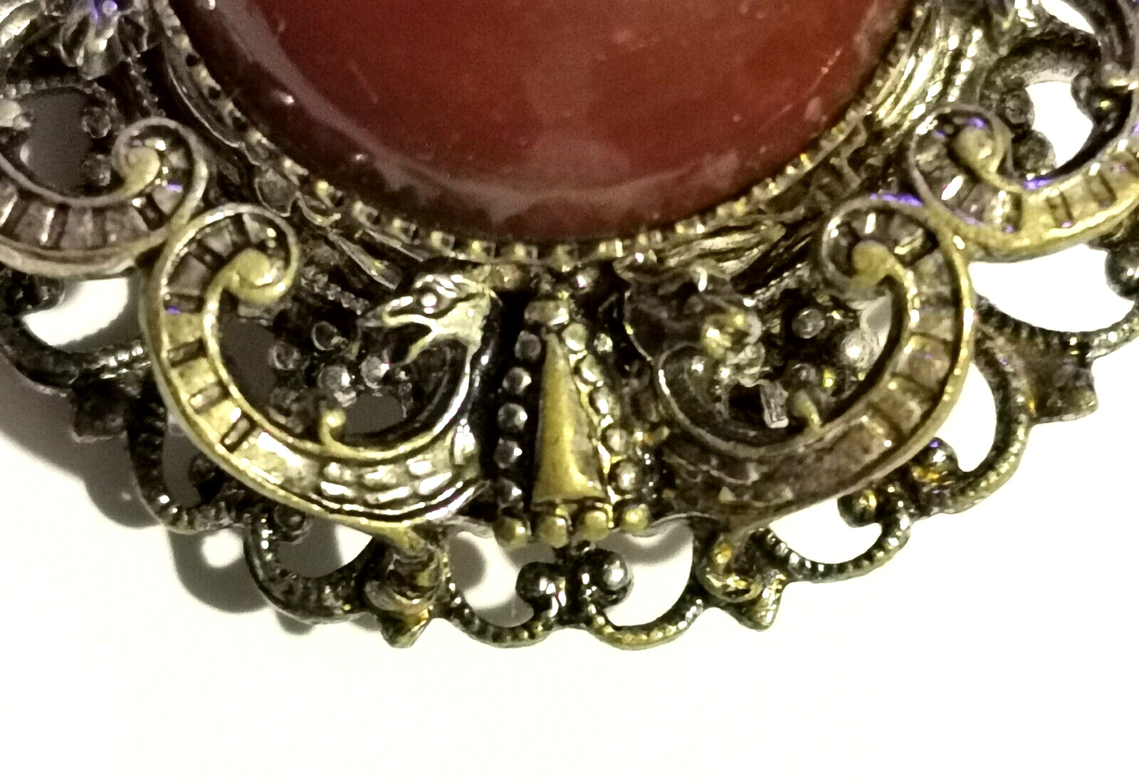 Vintage Czech Brown Glass Brooch Pin Silvered Brass Ornaments Dragon Handmade