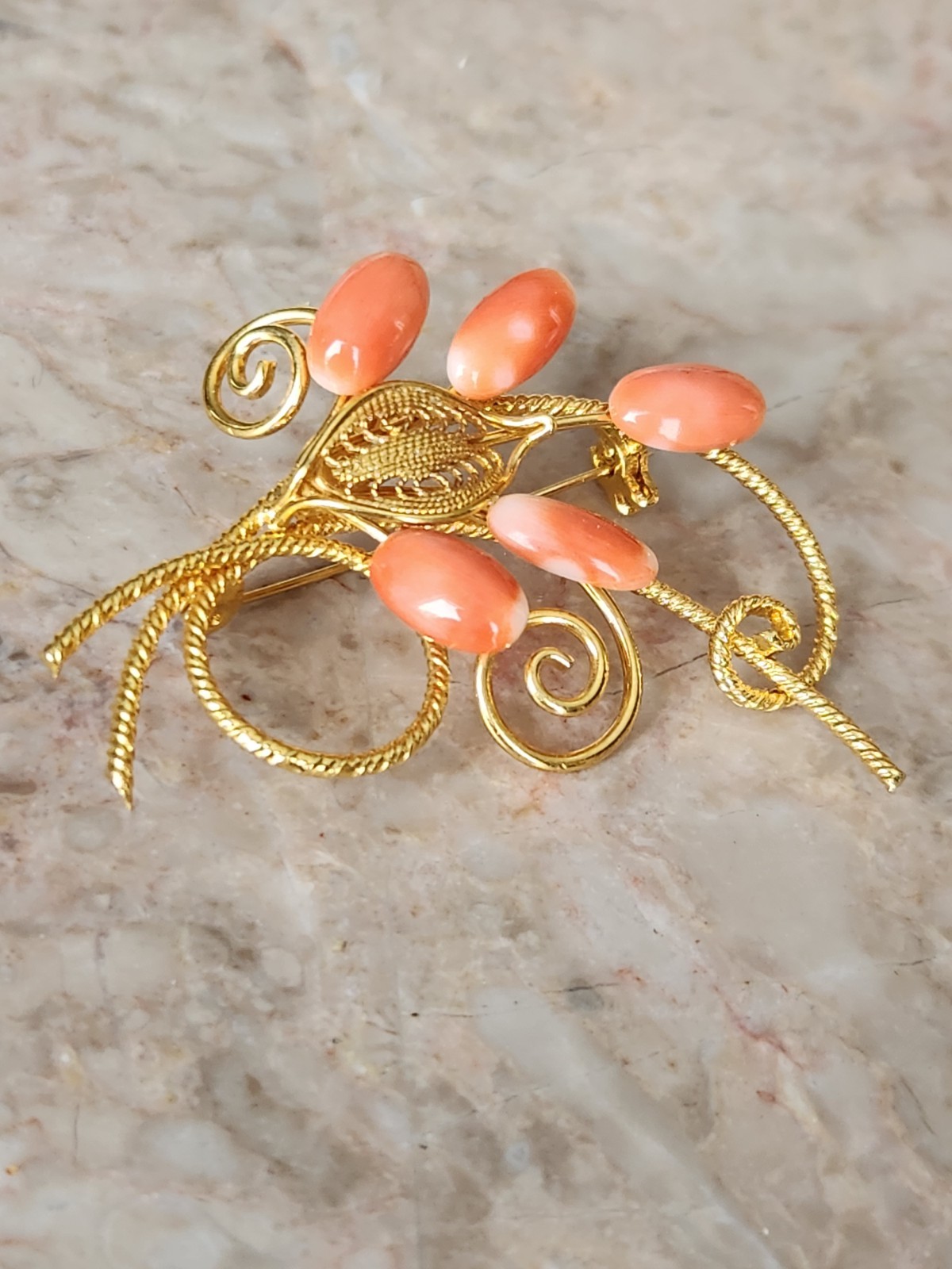 Vintage Angel Skin Coral Oblong Stones Goldtone Cannetille Flower Spray Brooches