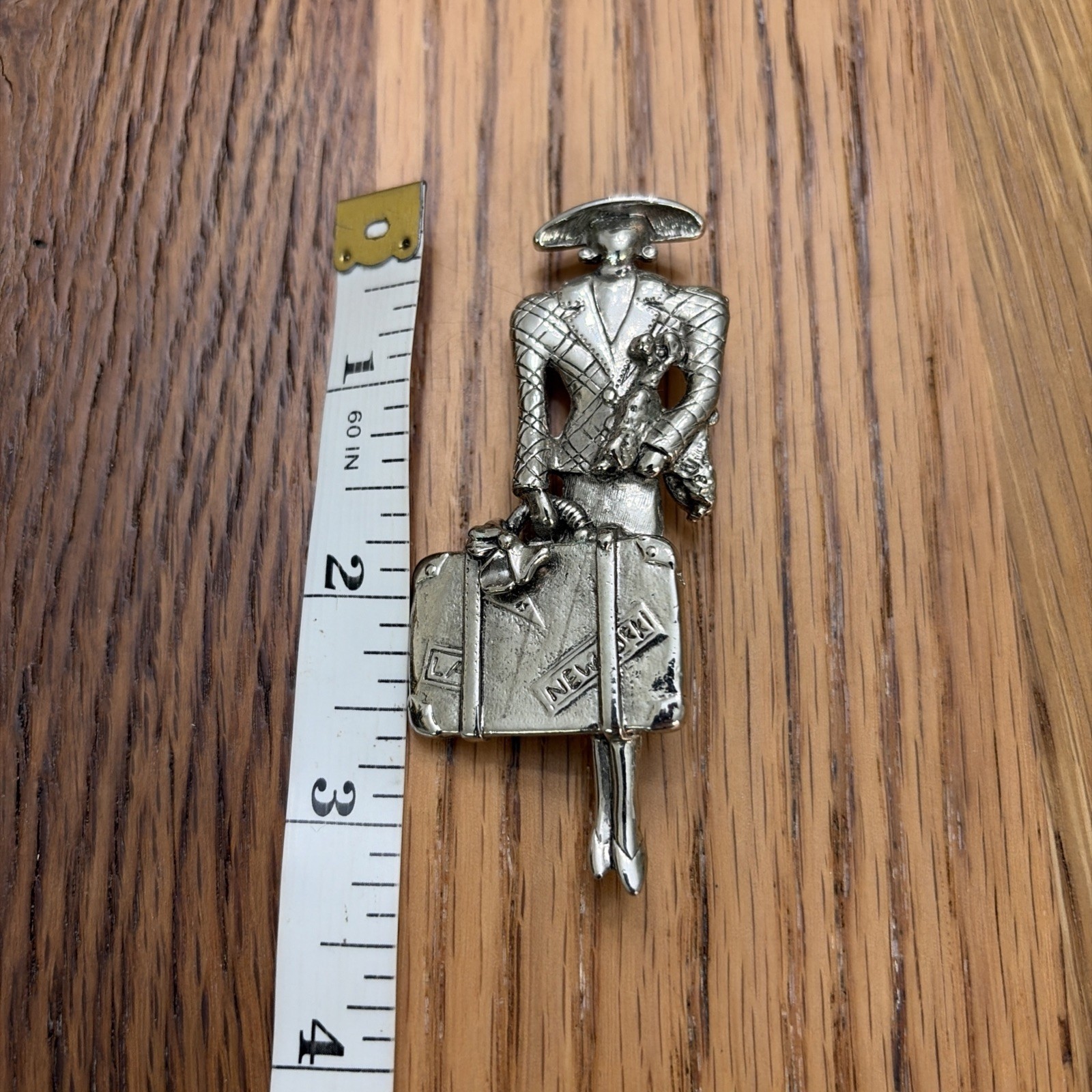 Vintage Brooch – Traveling Lady Poodle Suitcase New York LA Woman Person Silver