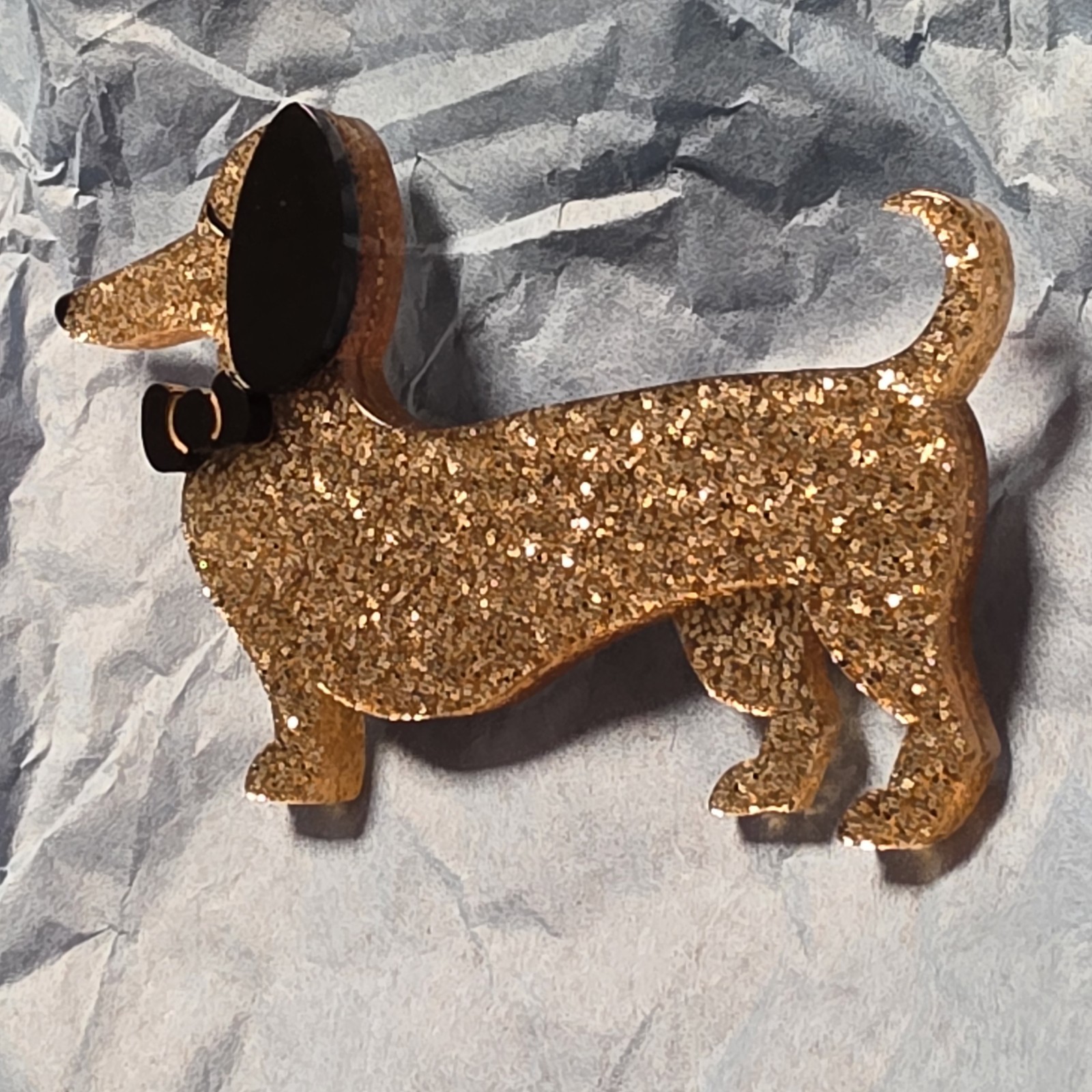 Spiffy the Sausage Dog Brooch Gold Sparkle Brooch Dachshund Pin