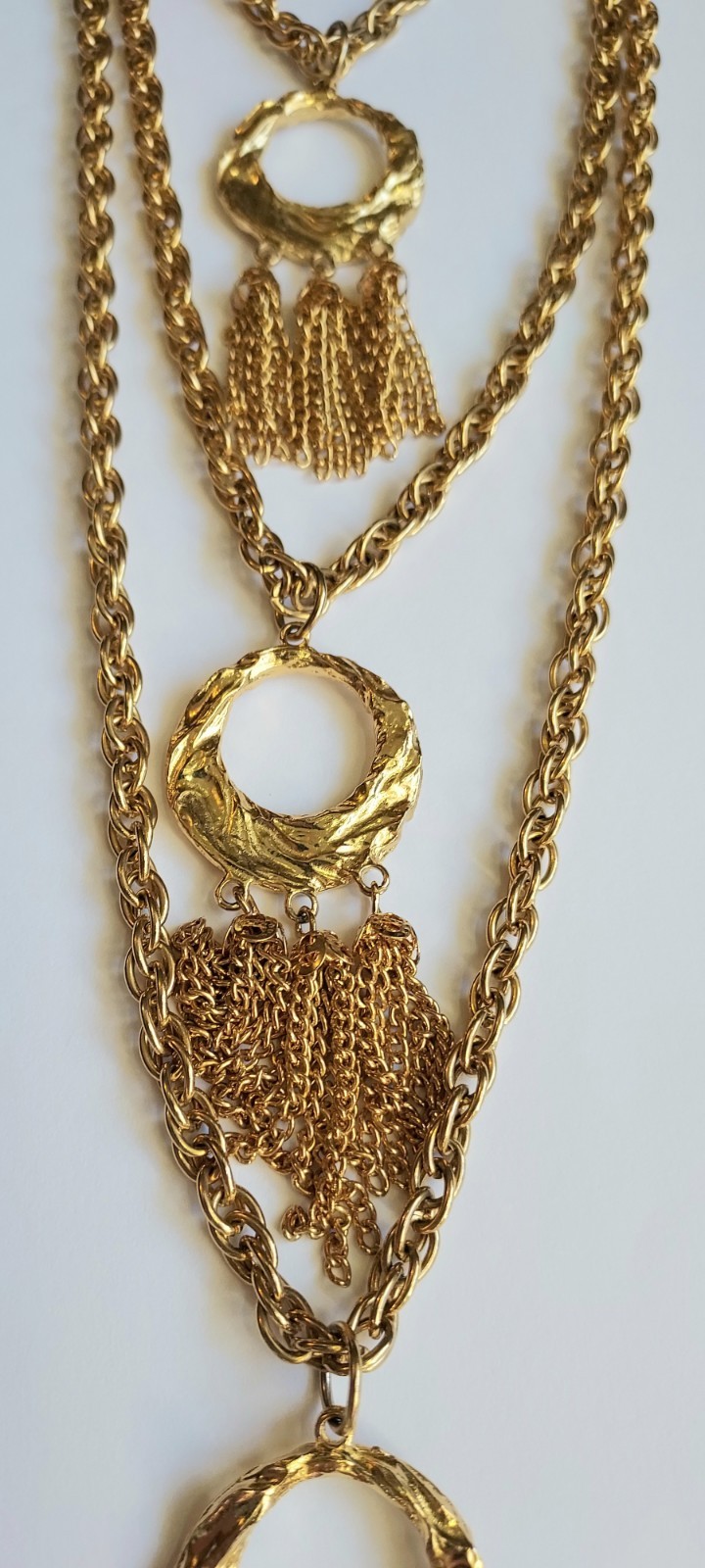 Vintage Multi Strand Festoon Tassel Necklace Circle Pendant Gold Tone Statement