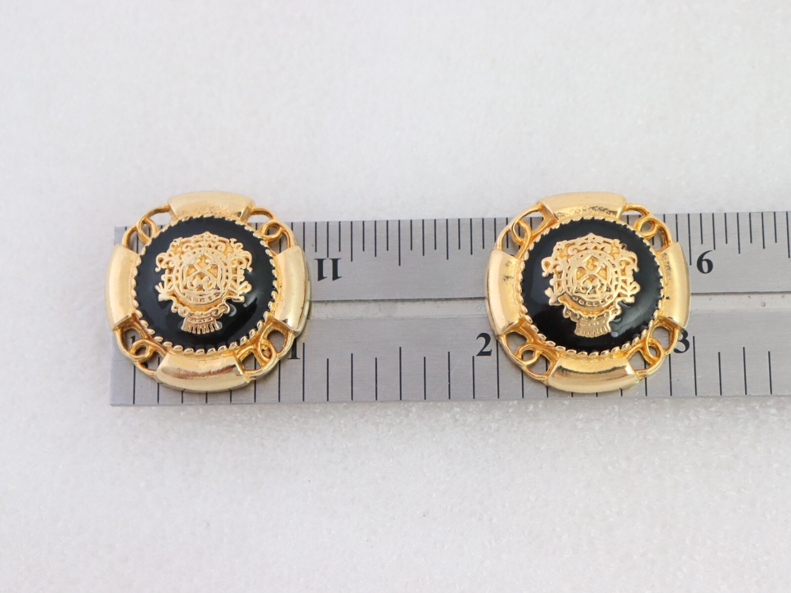 Vintage Gay Boyer Nautical Clip Earrings Round Dome Black Enamel Gold Tone