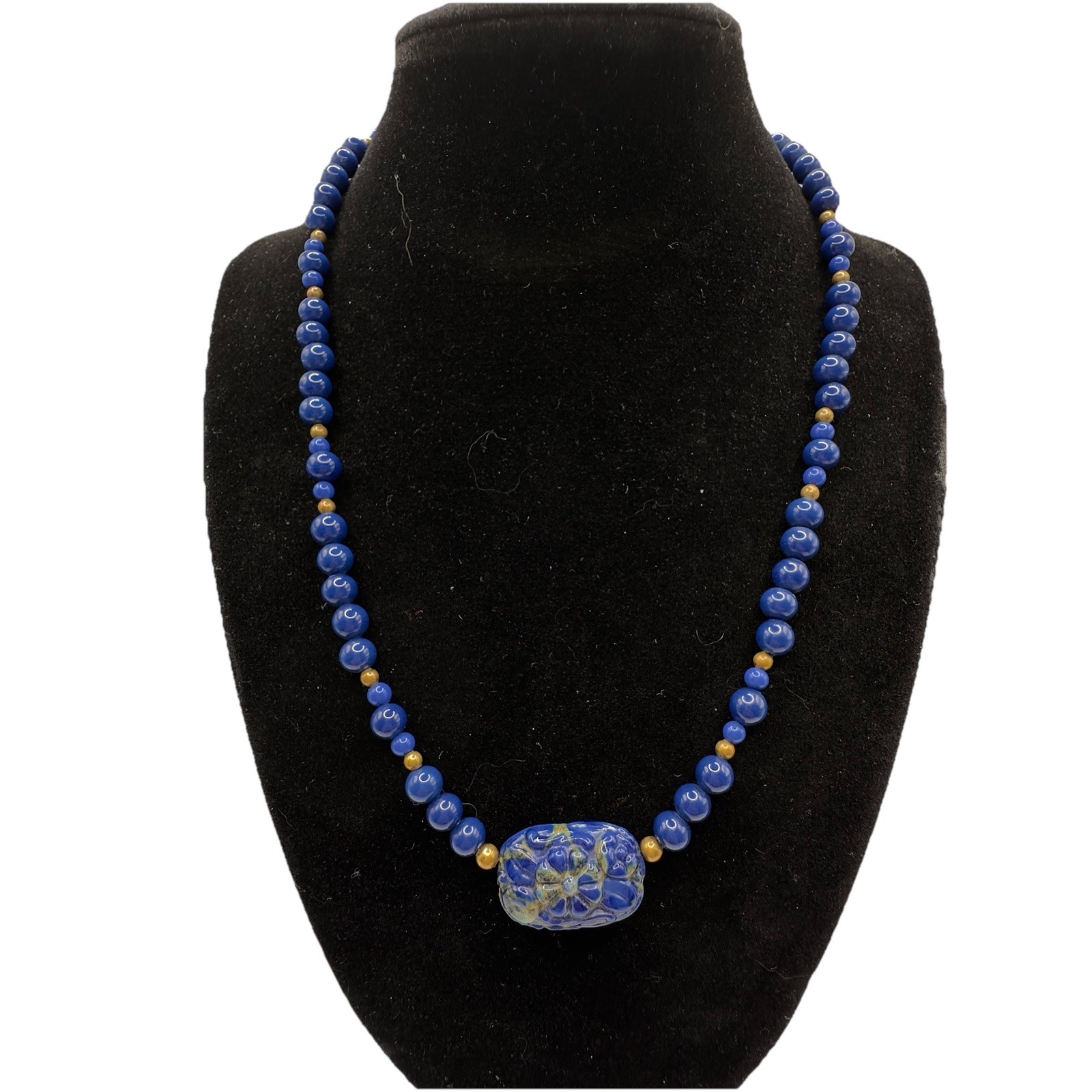 Artisan Blue Beaded Necklace Carved Floral Center Brass Hook Clasp 18″ Handmade