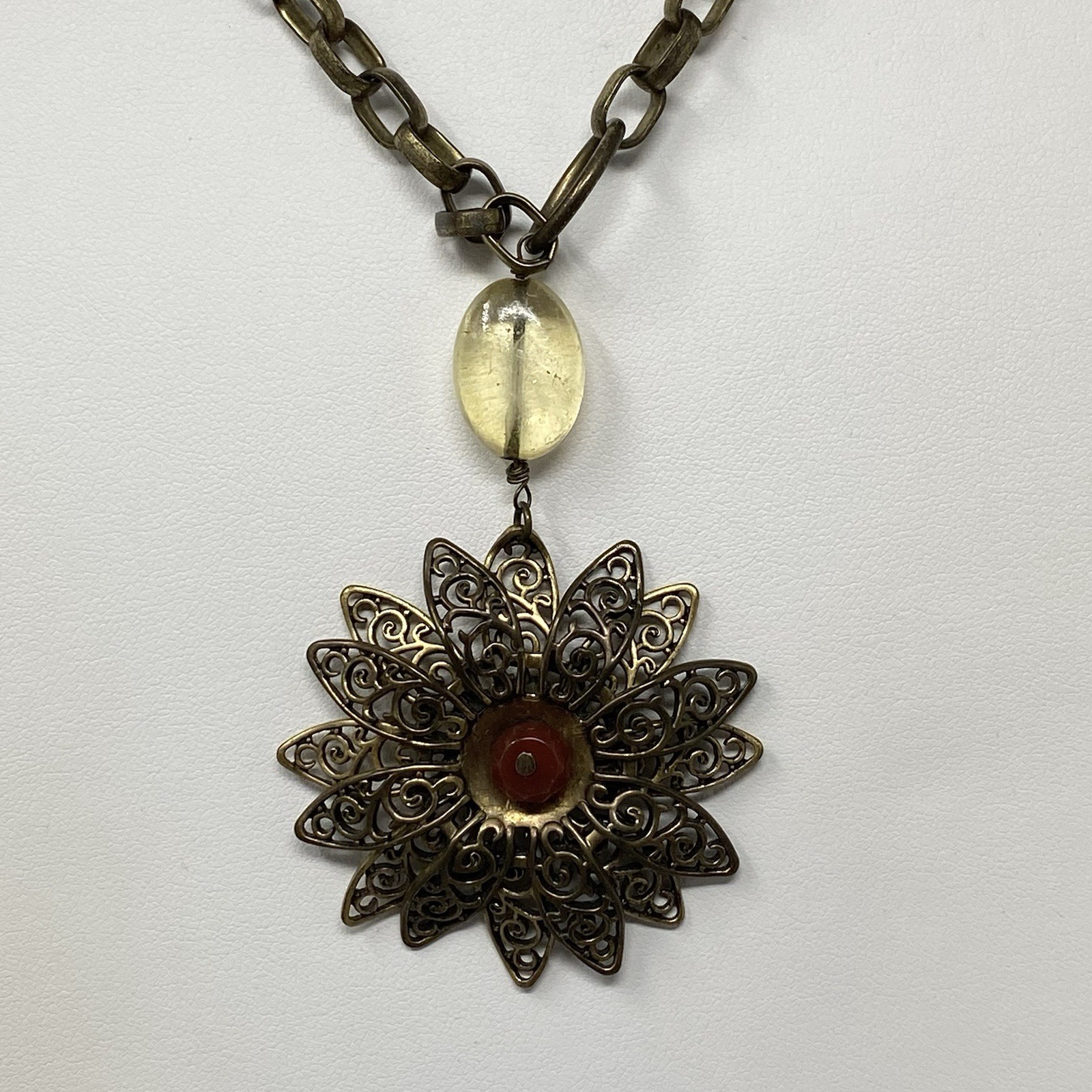 Lucky Brand Pendant Necklace Brass Gold Tone Layered Flower Chunky Long 36″