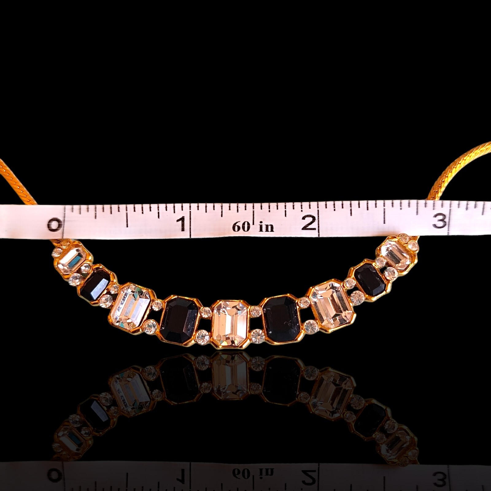 Vintage Black And Clear Glass Crescent Bar Herringbone Necklace 17.5in