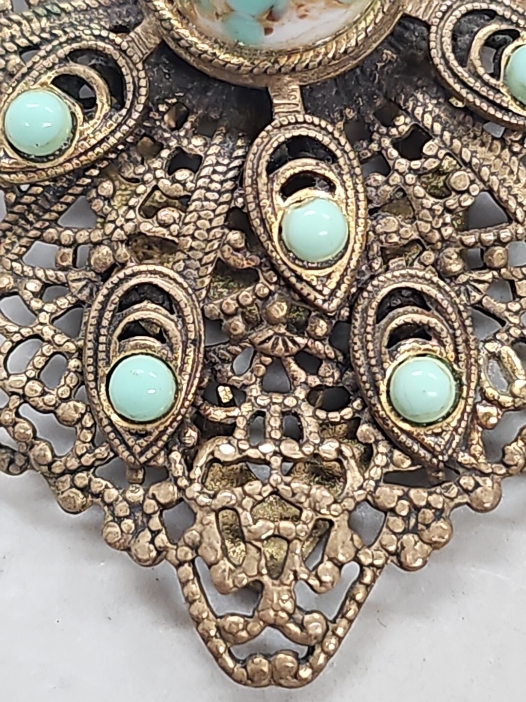 Vintage Metal Filigree Faux Turquoise Fur Clip