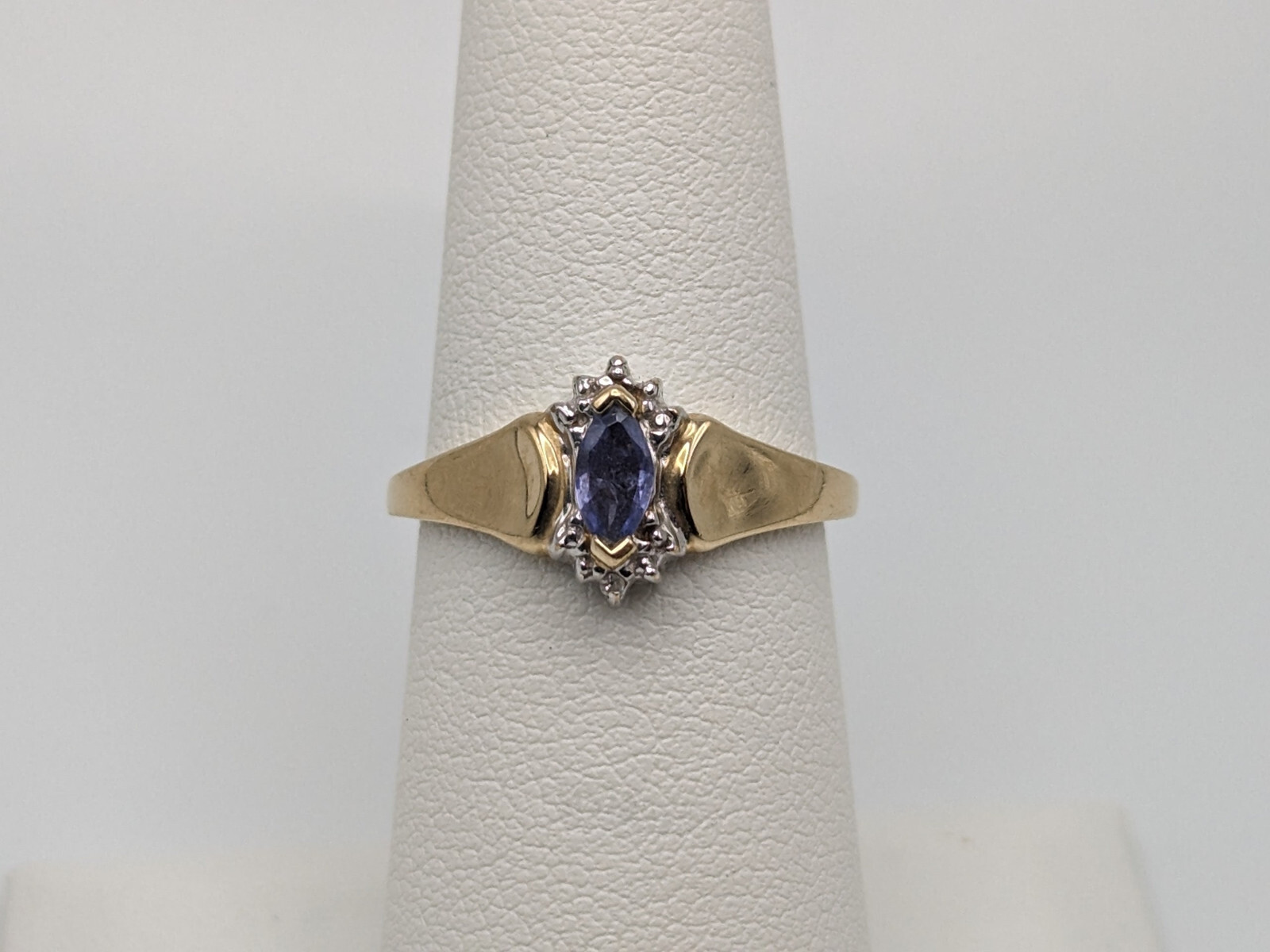 10k Yellow Gold Blue Iolite and Diamond Ring Violet Marquise Cut Diamond Ring