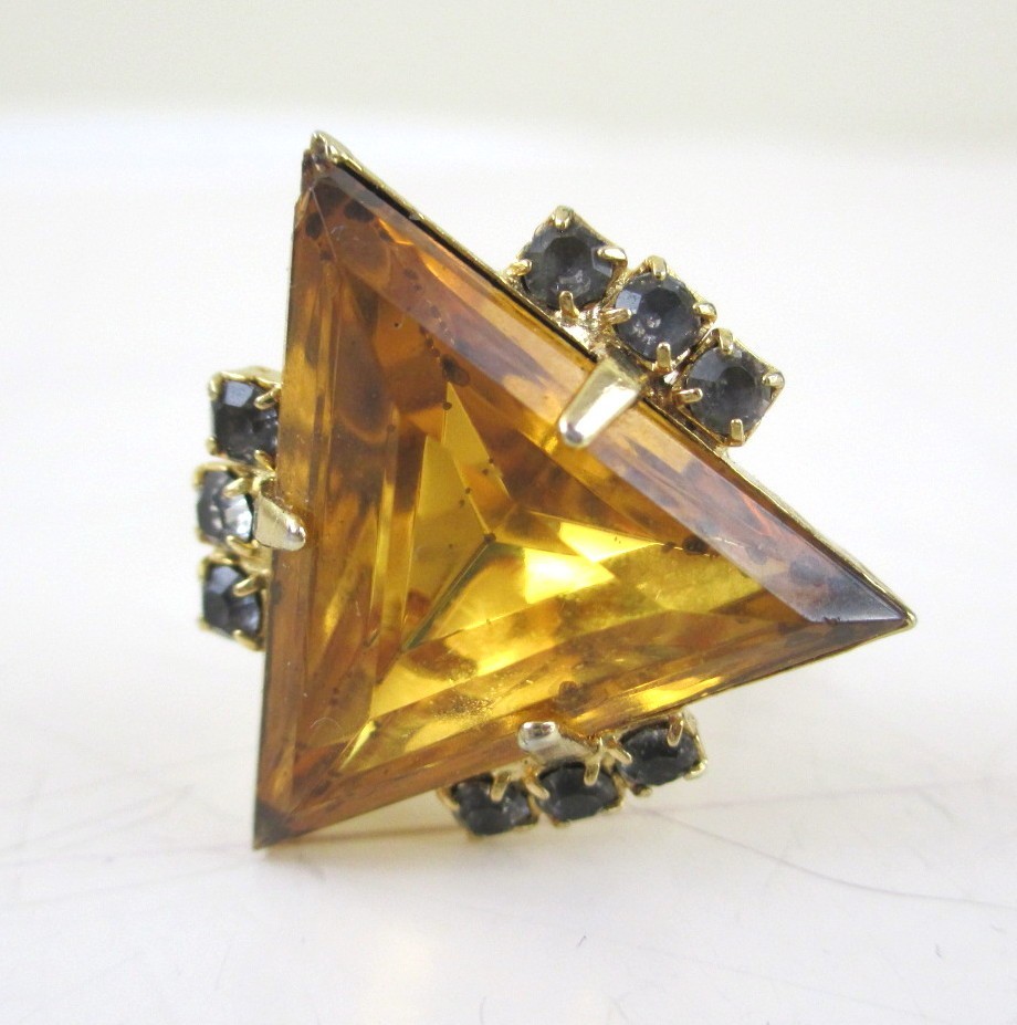 Vintage Mod Triangle Amber Orange glass rhinestone Statement Cocktail Ring Gold