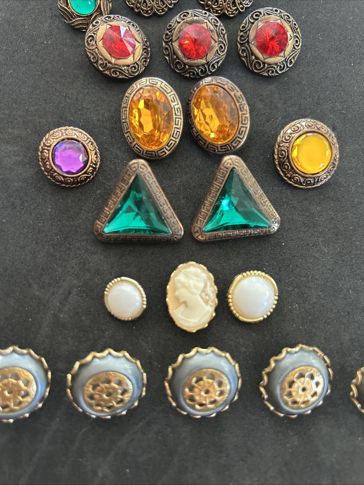 Vintage Costume Jewelry Button Lot Of 20 Yellow Red Blue Purple Green Gray White