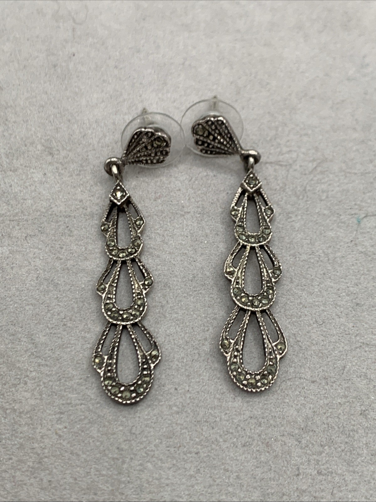 Vintage Sterling Silver Marcasite Filigree Dangle Drop Post Earrings