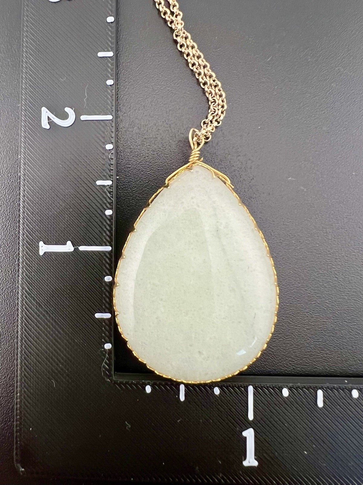 Pale Jade Necklace Statement Teardrop Pendant Gold Tone 30”