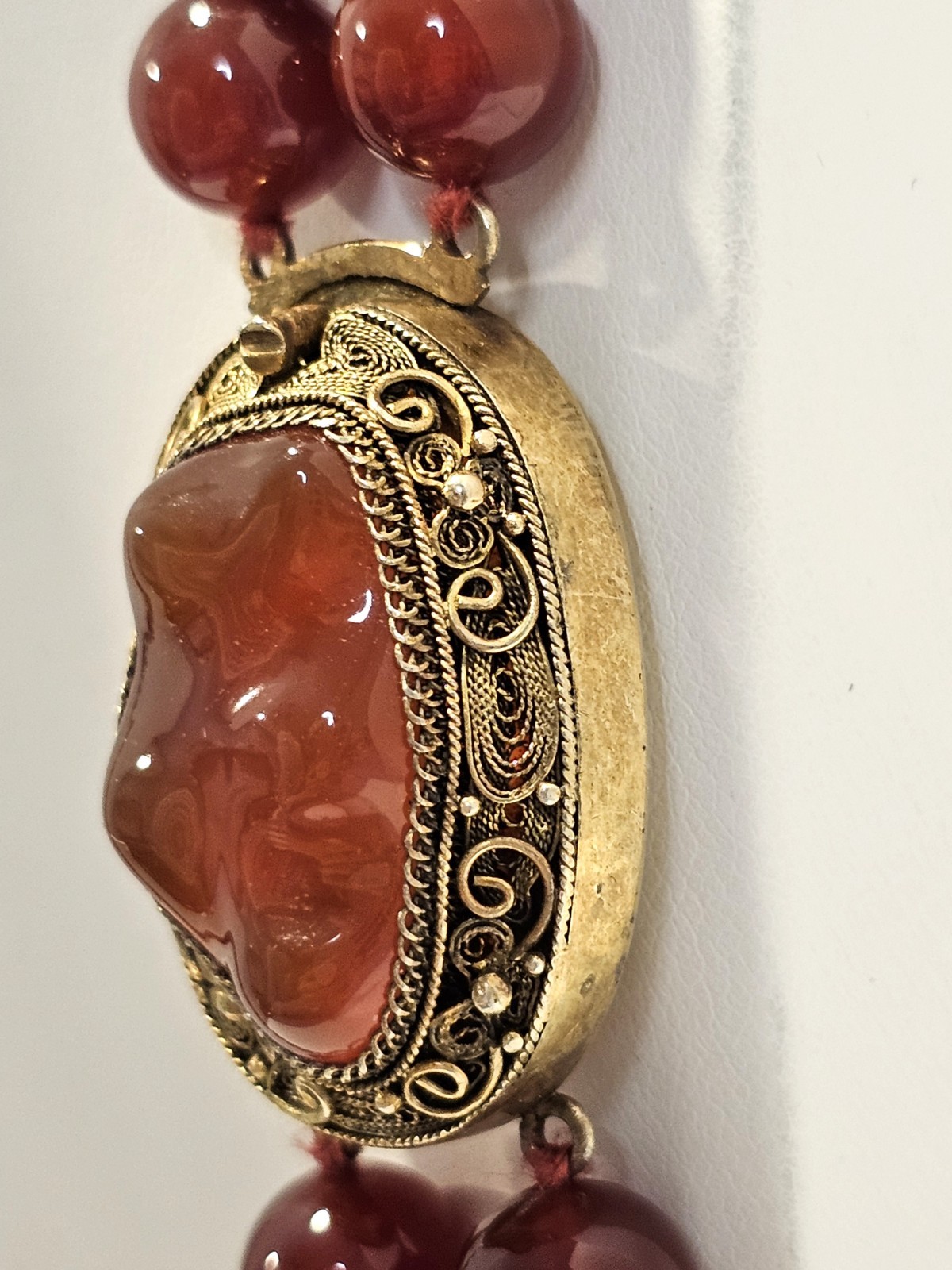 Vintage Carnelian bead necklace sterling gold wash filigree clasp