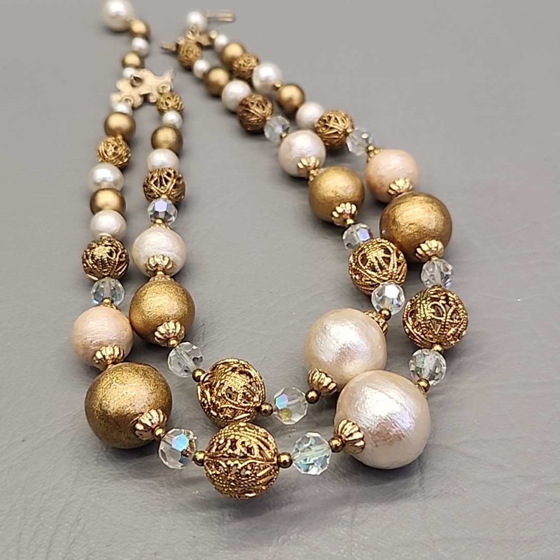 Vintage Beaded Necklace AB Cream Gold Tone Filigree Balls Layered 16″