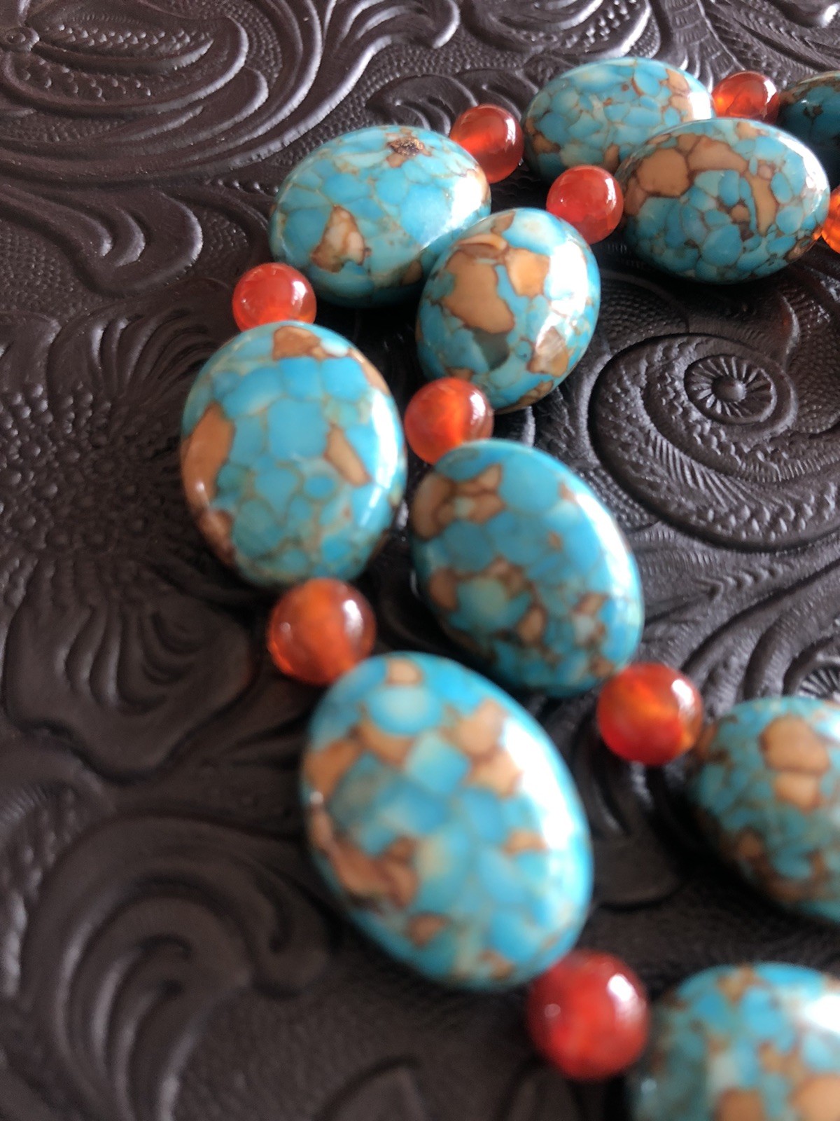 Mosaic Turquoise Beads, Natural Orange Agate Beads 18” Necklace, 925 Clasp