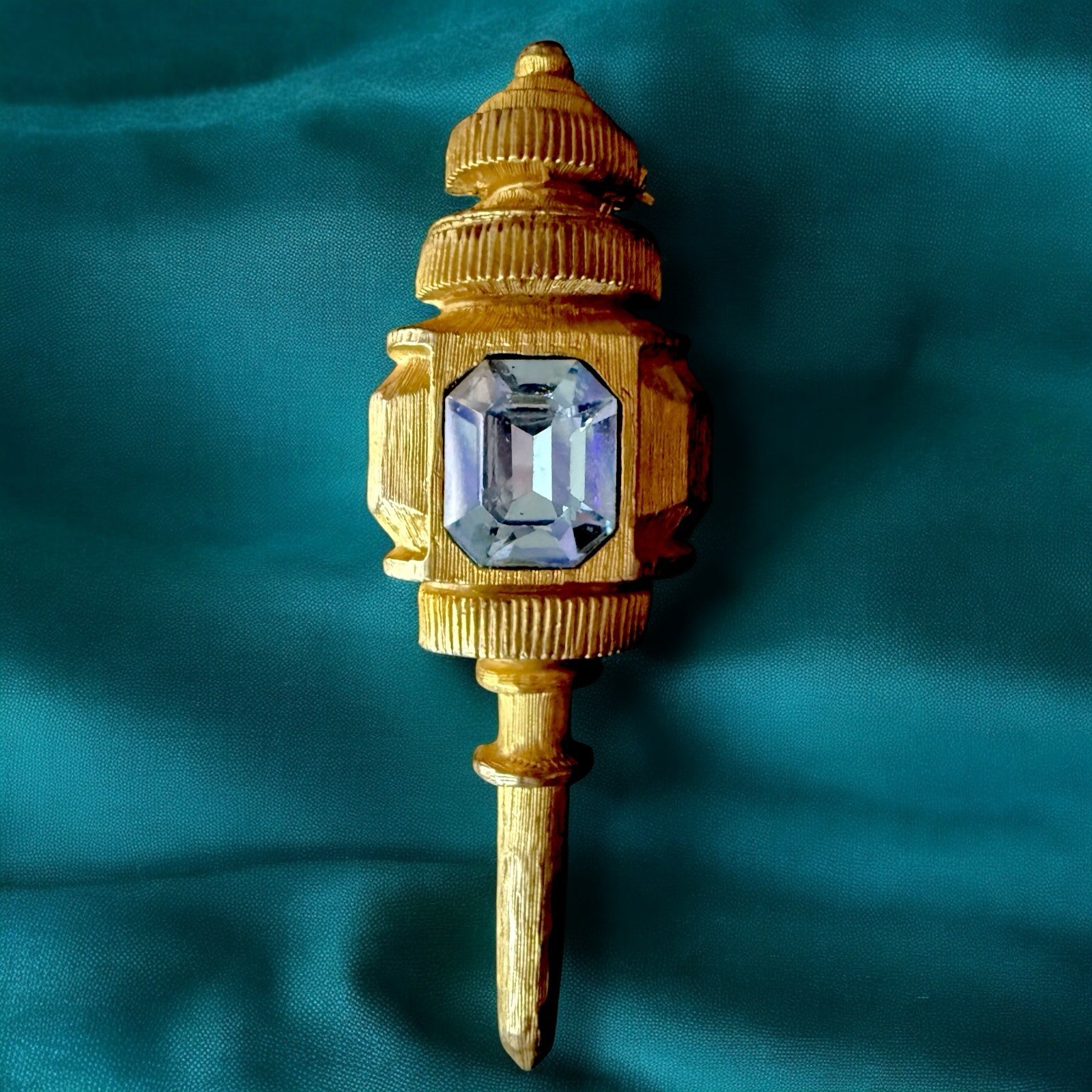 De Nicola Brooch Gold Tone Lamp Post Blue Rhinestone Signed Figural Pin