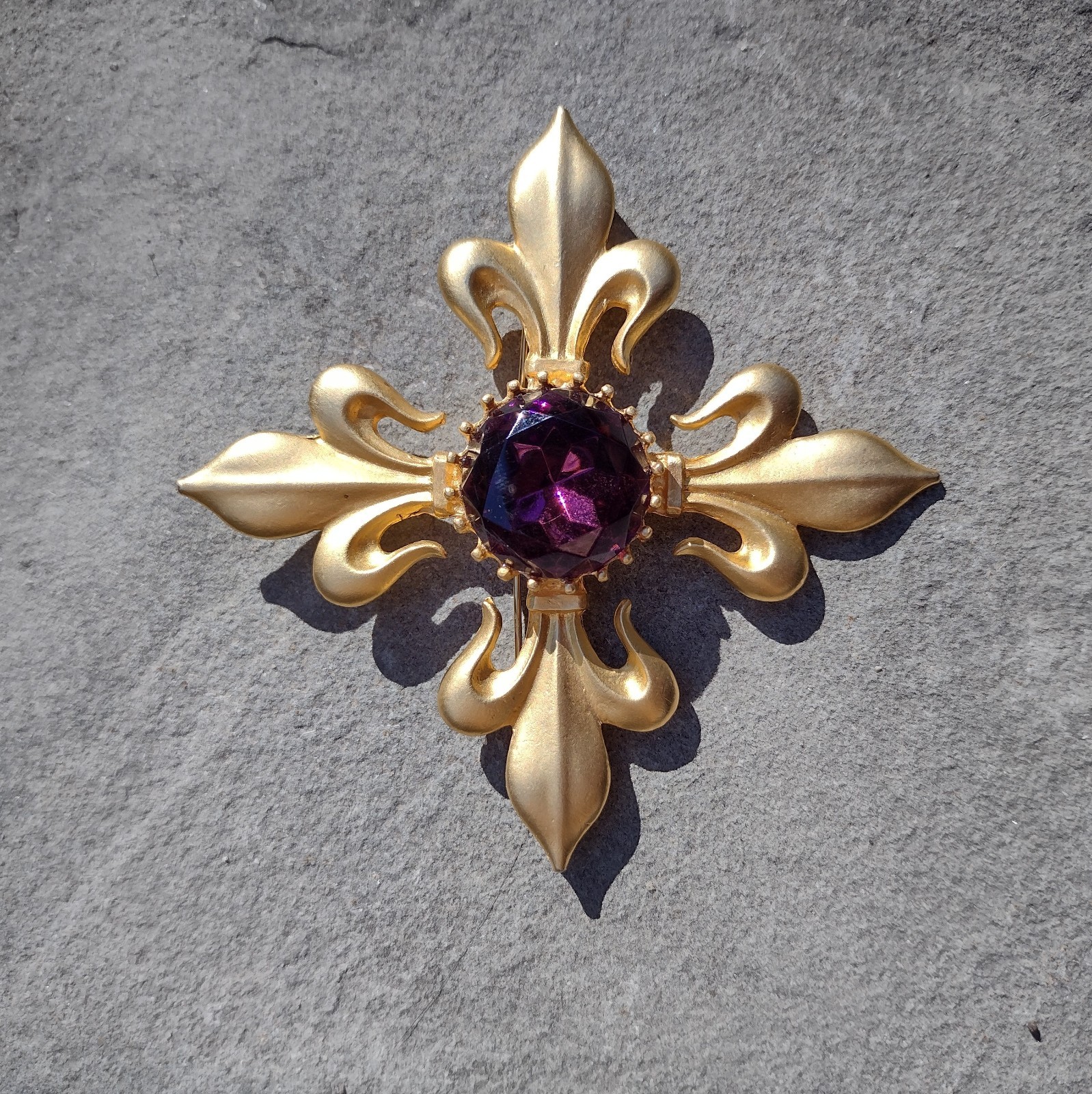 MAXINE DENKER Signed Fleur De Lis Cross Amethyst Glass Designer Gold Brooch