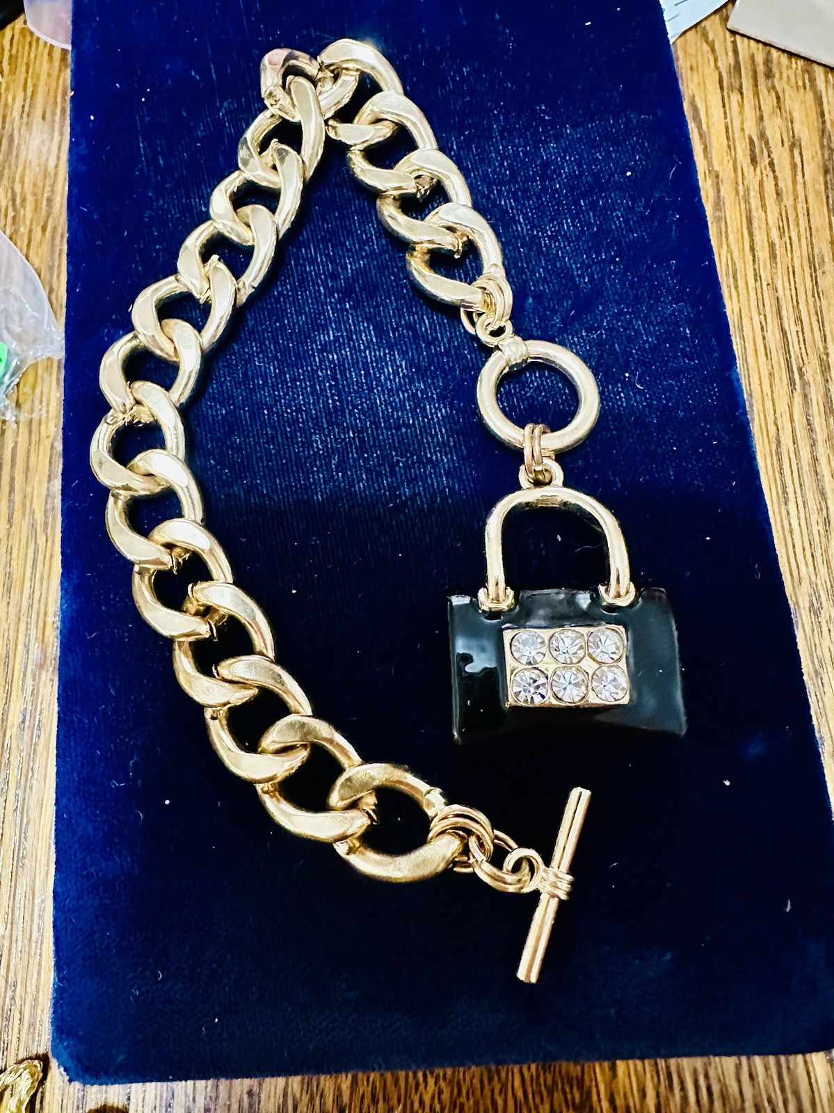 Vintage Gold Tone Round Link Chain Bracelet Purse Charm Rhinestones 8 Inches