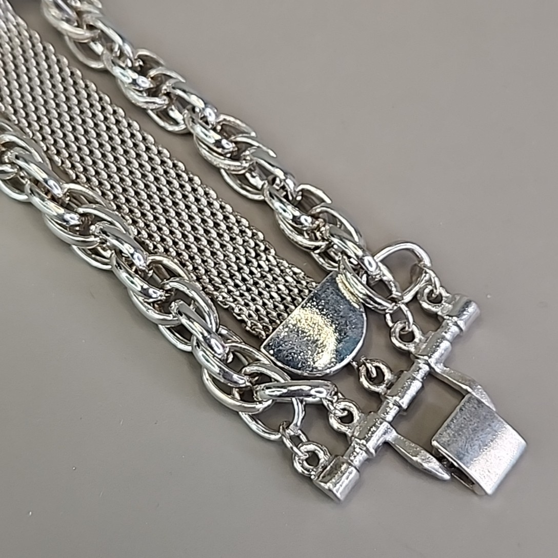 Vintage Mesh Chain Bracelet Silver Tone Layered 6.5″