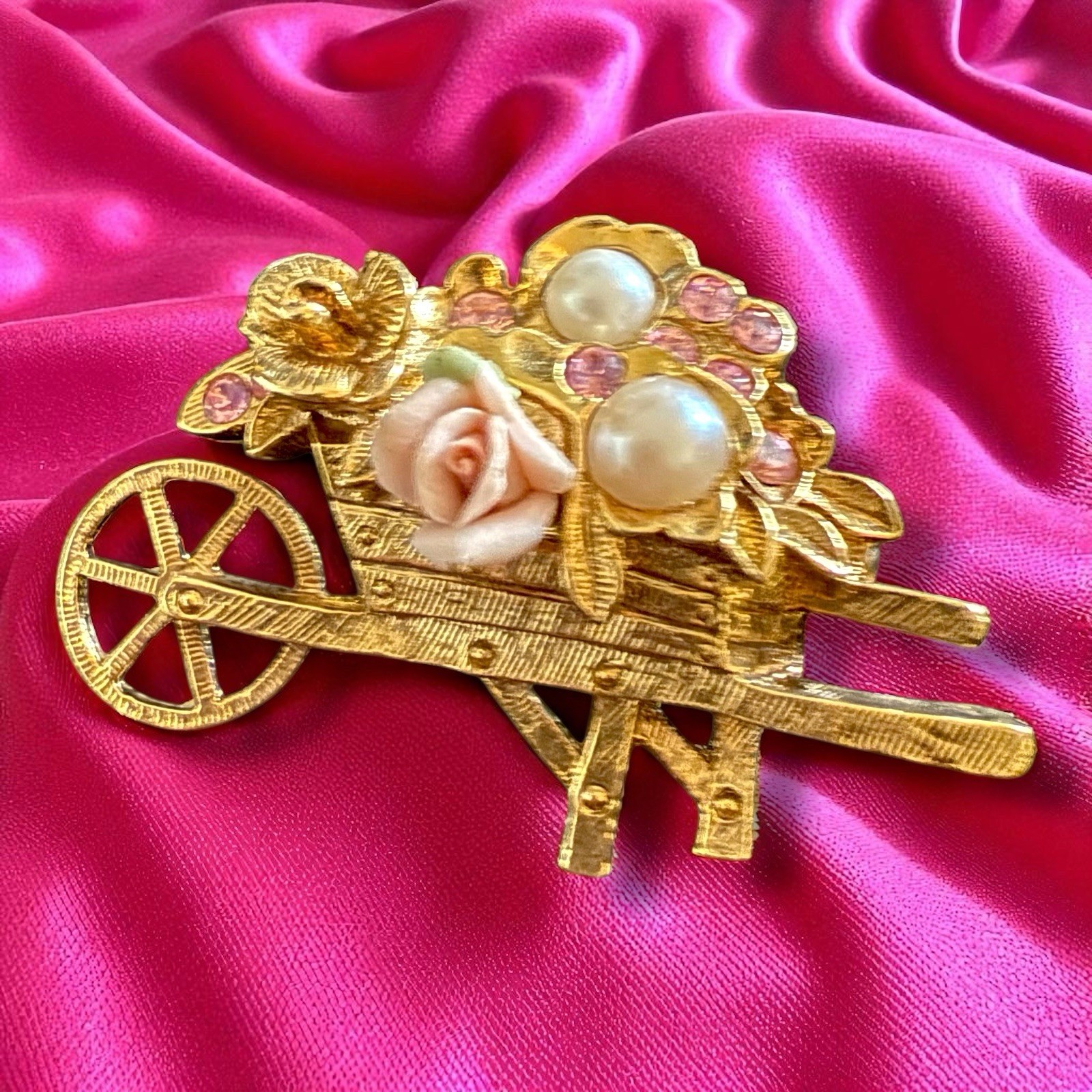 1928 Jewelry Floral Wheelbarrow Brooch Gold Tone Pink Rhinestone Vintage