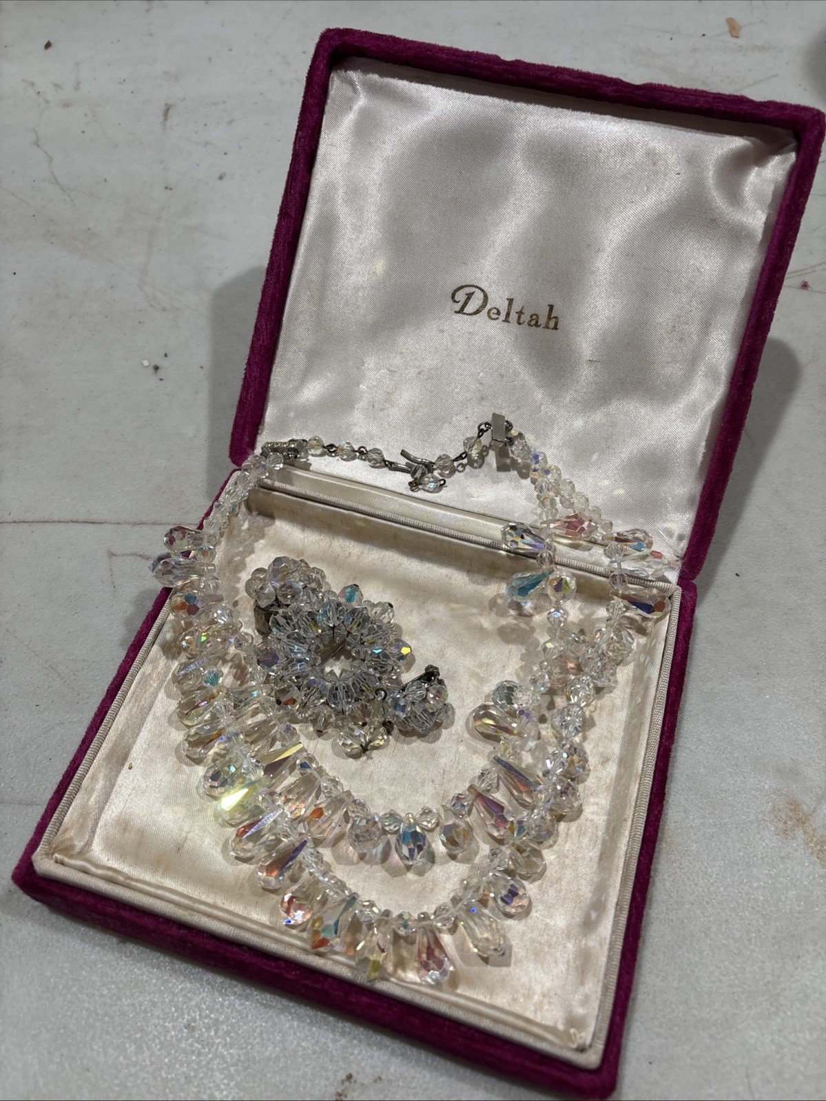 Vintage Aurora Borealis Crystal 2 Strand Necklace 15 – 17″ Brooch Earrings Set